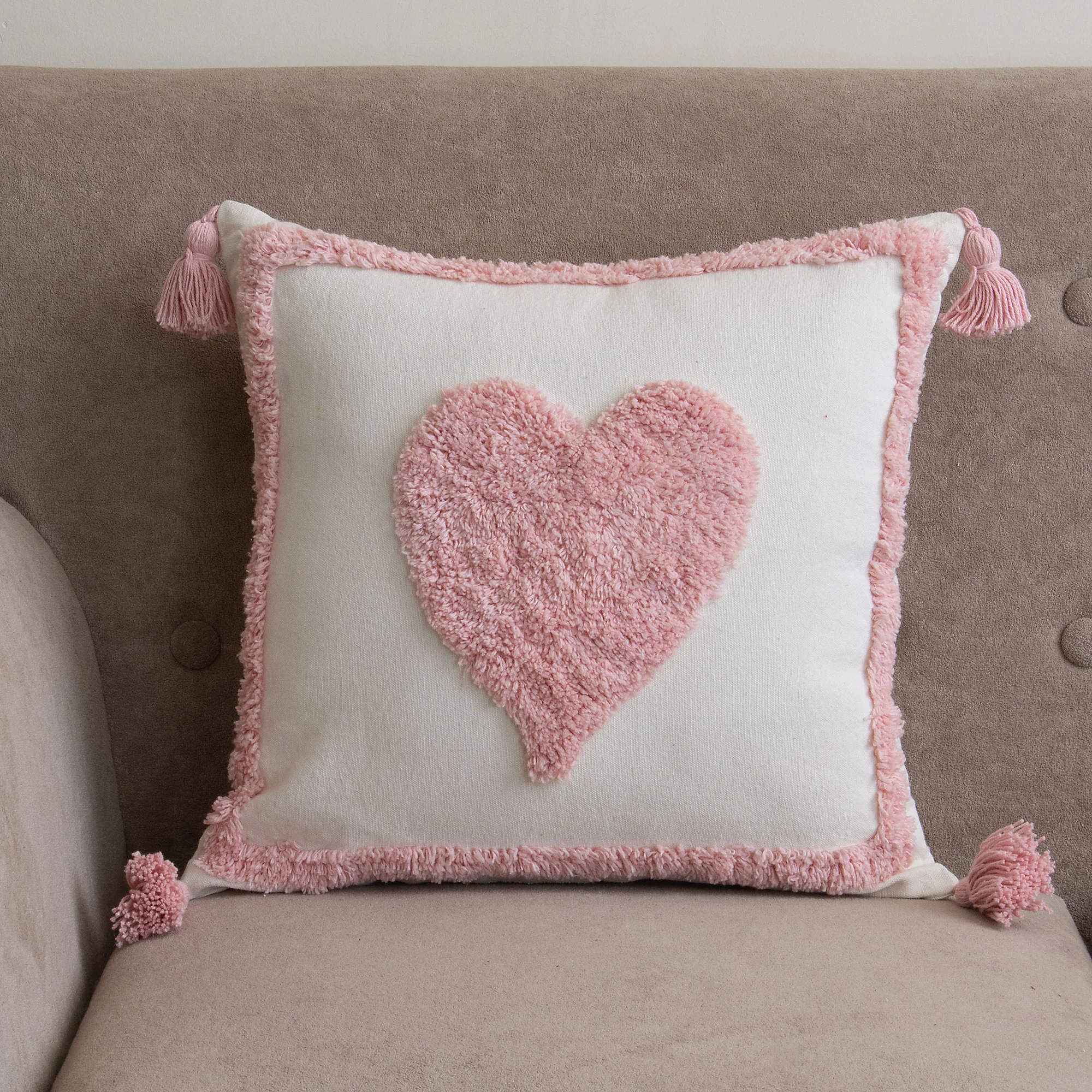 Pink Heart Tufted Cushion Cover with Tassels Set of 2 - Image 4