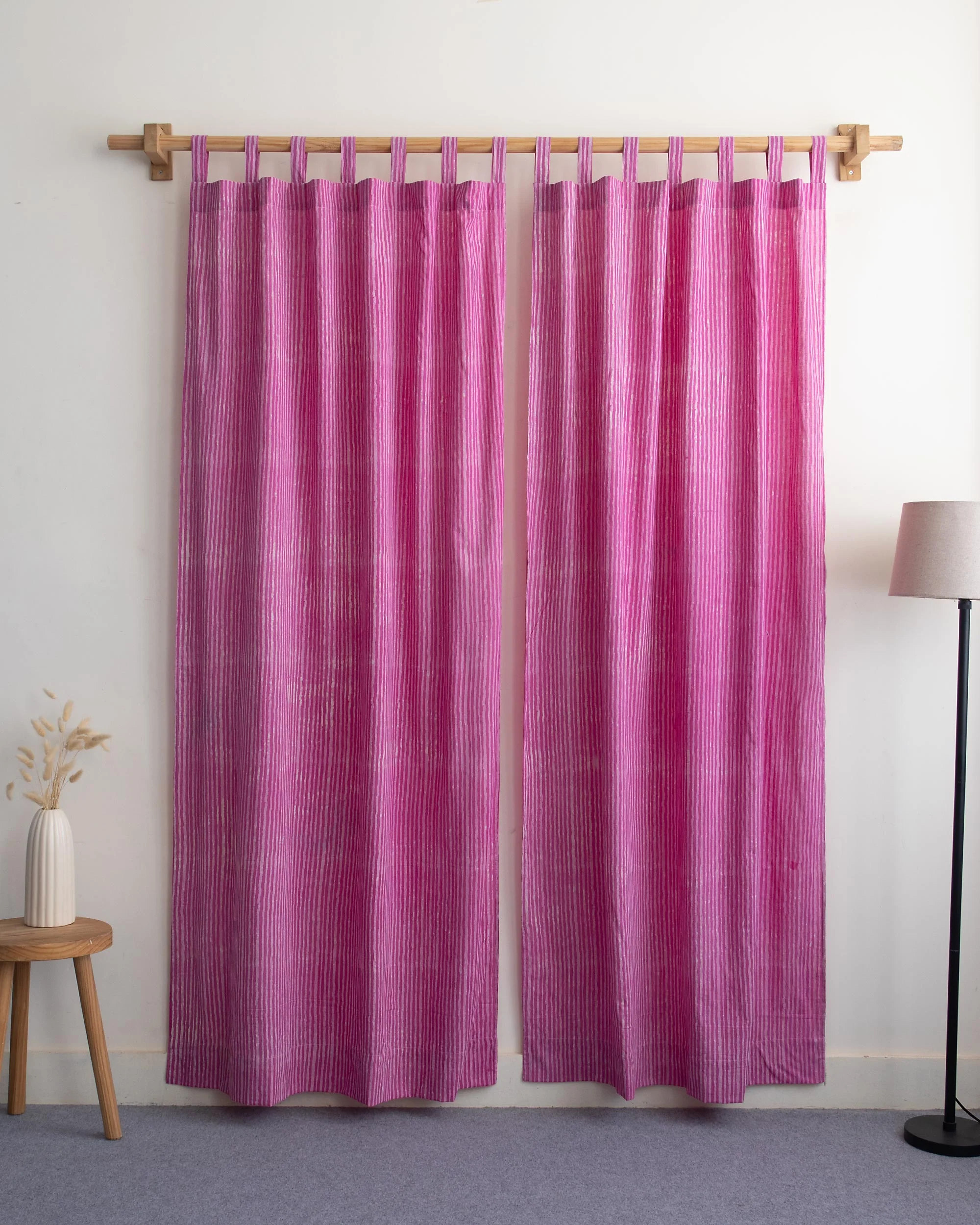 Pink Stripe Block Printed Cotton Curtains for Door - Image 2
