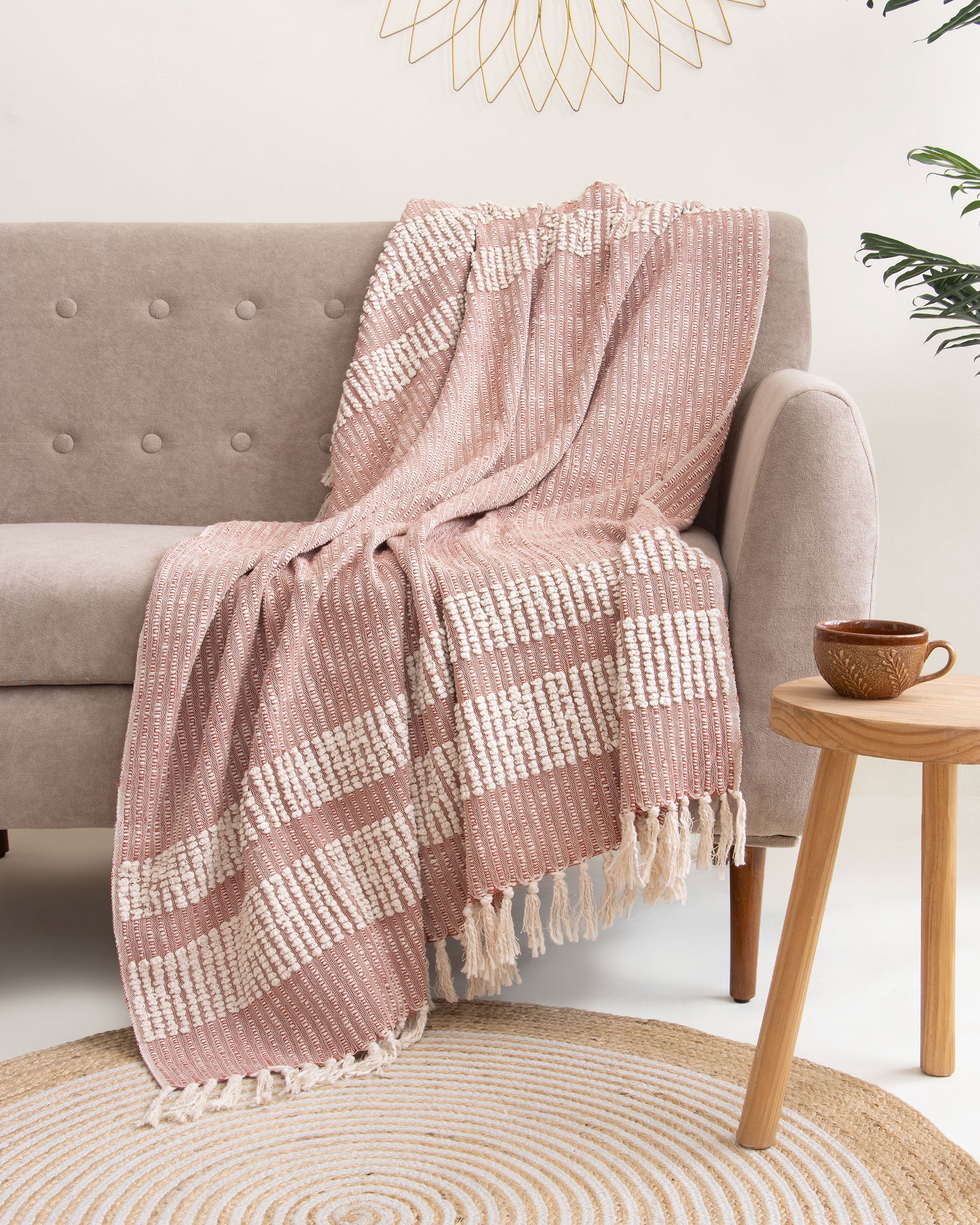 Pink Hand Woven Throw Blanket for Sofa