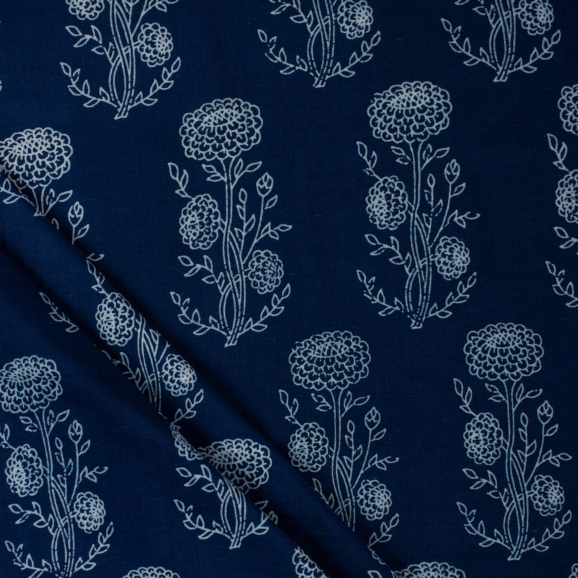 Block Printed Floral Bota Indigo Dyed Blue Cotton Fabric