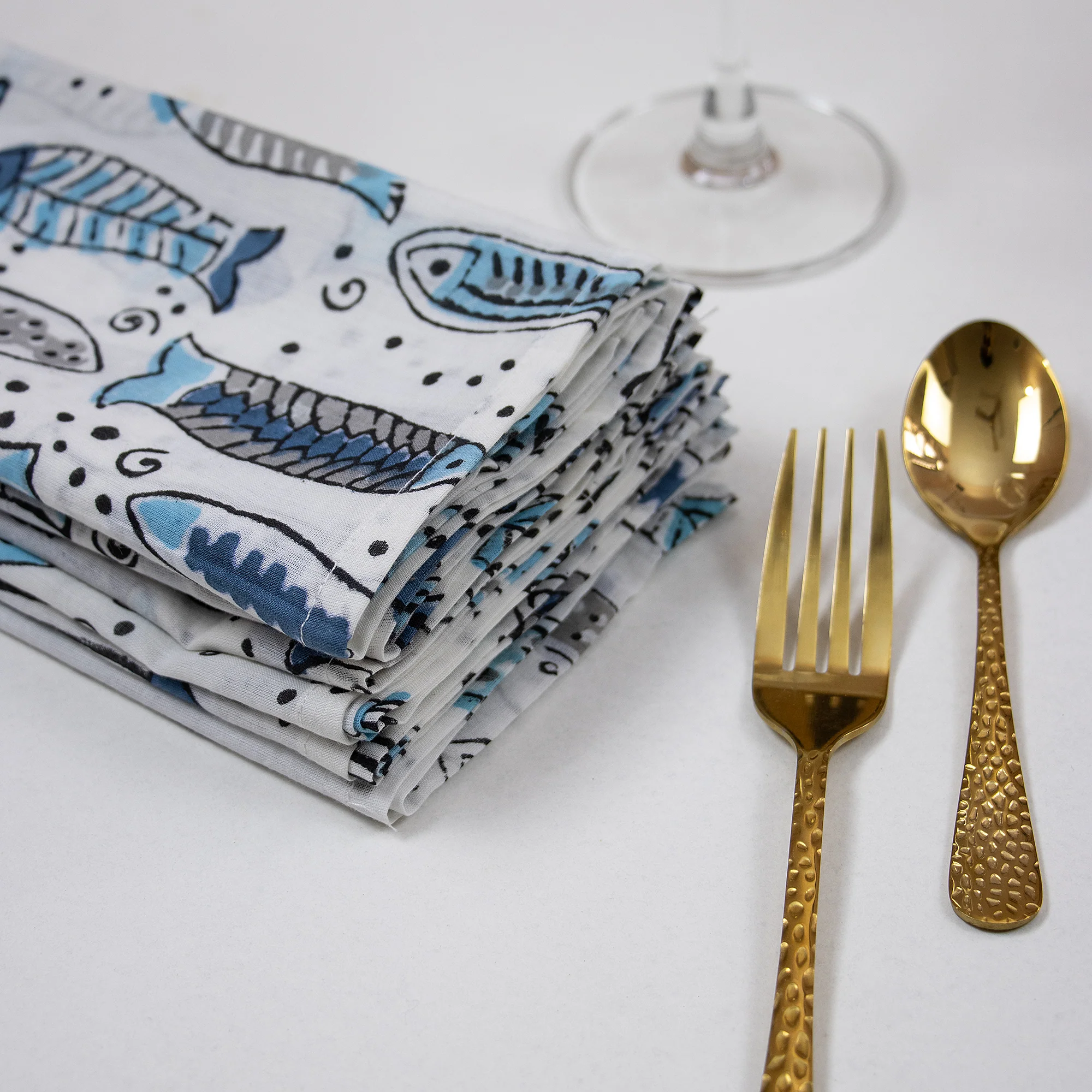 Premium Cotton Hand Block Fish Print Dining Table Napkin - Image 5