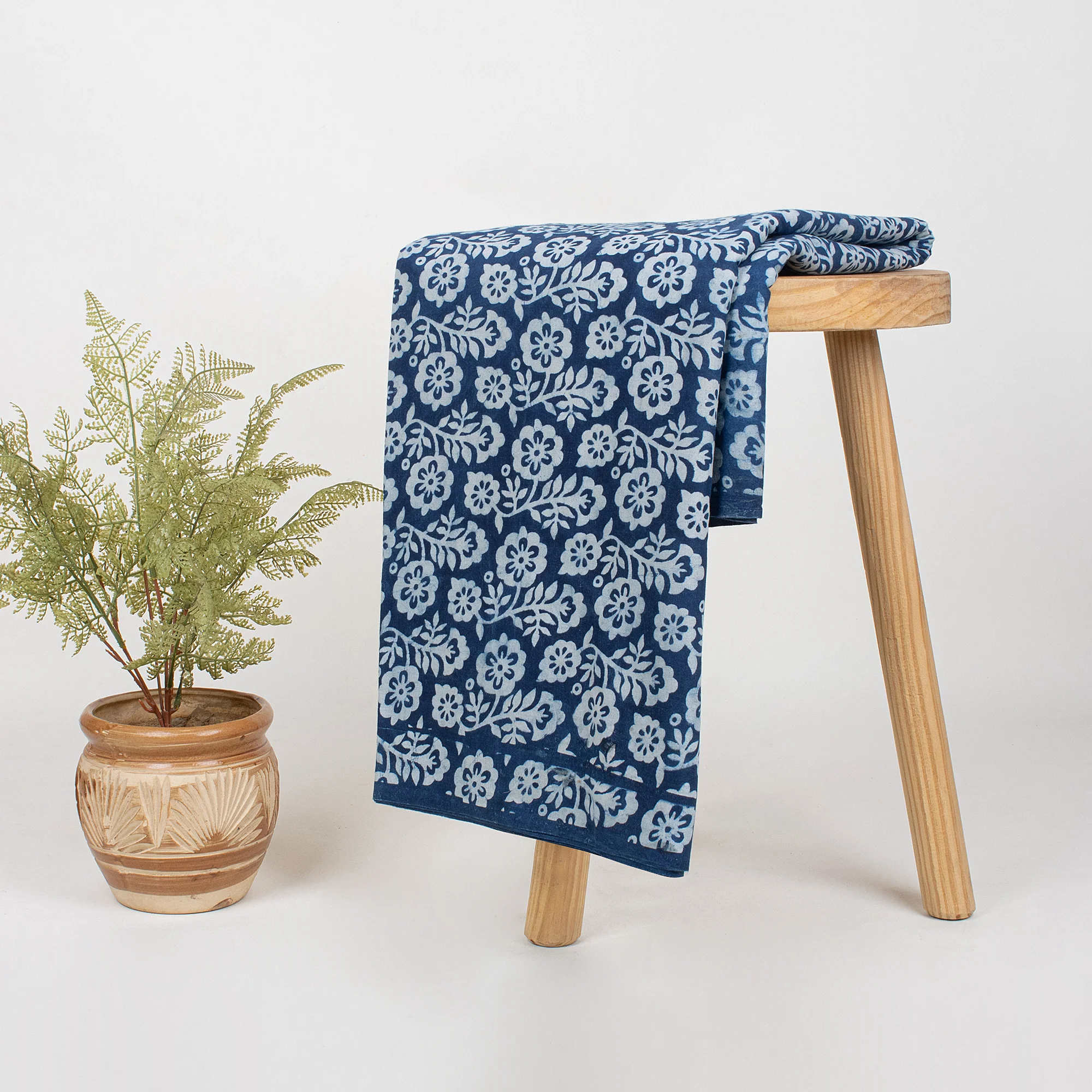 Indian Hand Block Floral Print Indigo Blue Summer Dress Fabric - Image 4