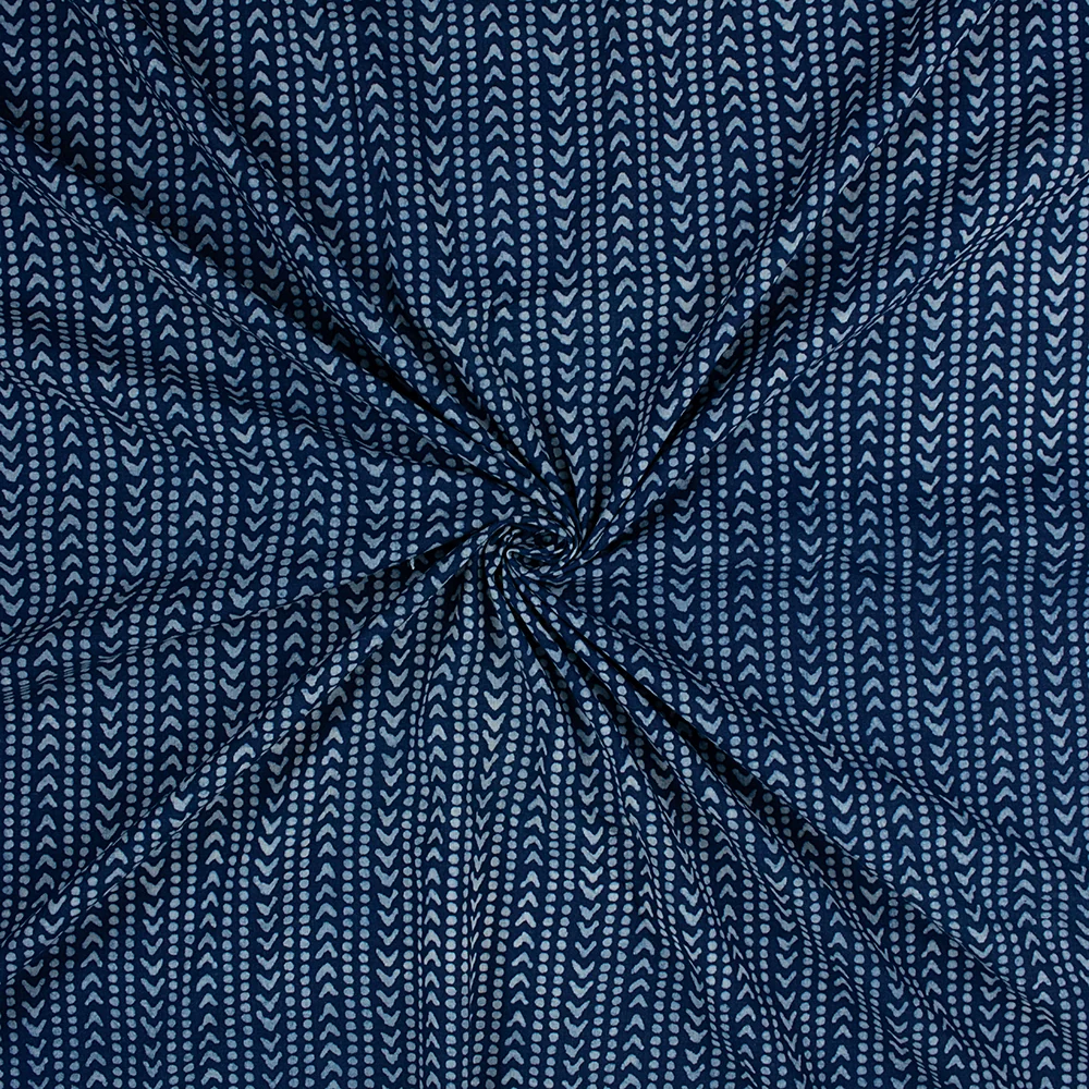Indigo Blue Hand Printed Striped Pure Cotton Indian Quilted Fabric - Image 3