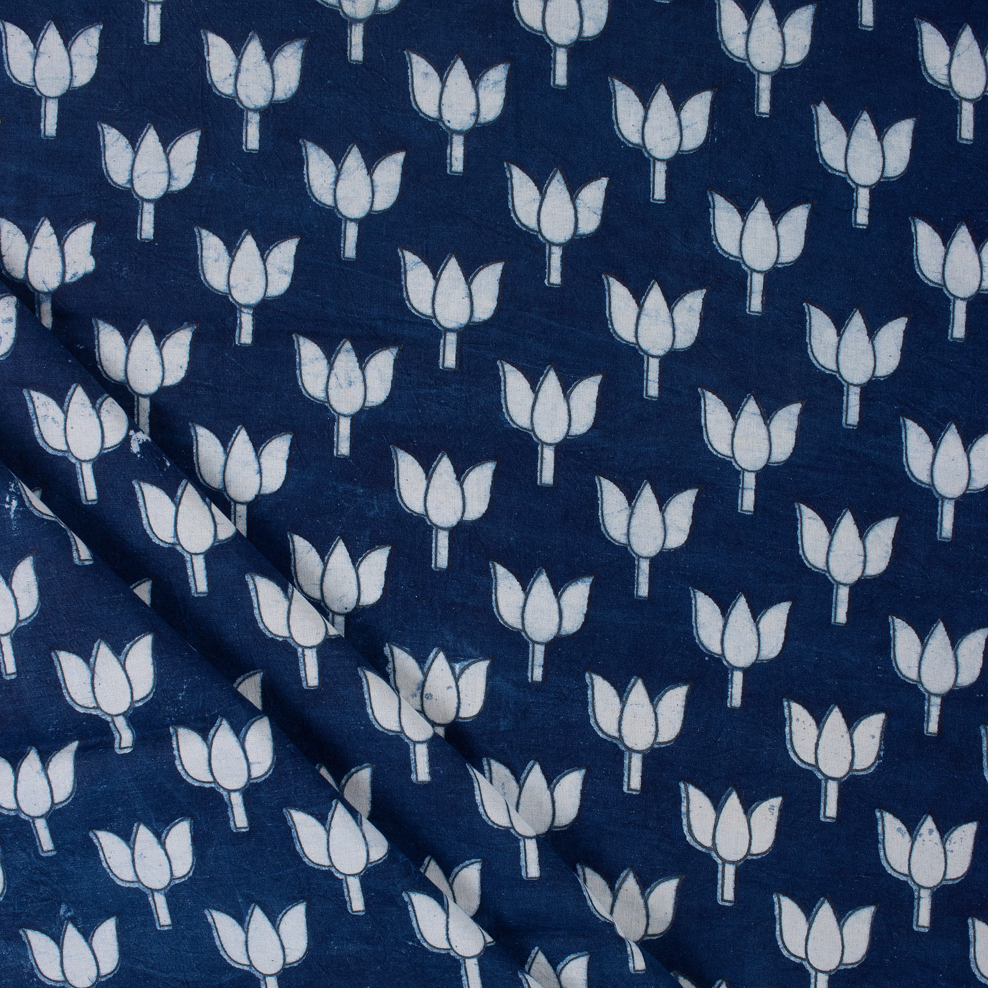 Lotus Flower Hand Block Indigo Print Fabric - Image 3
