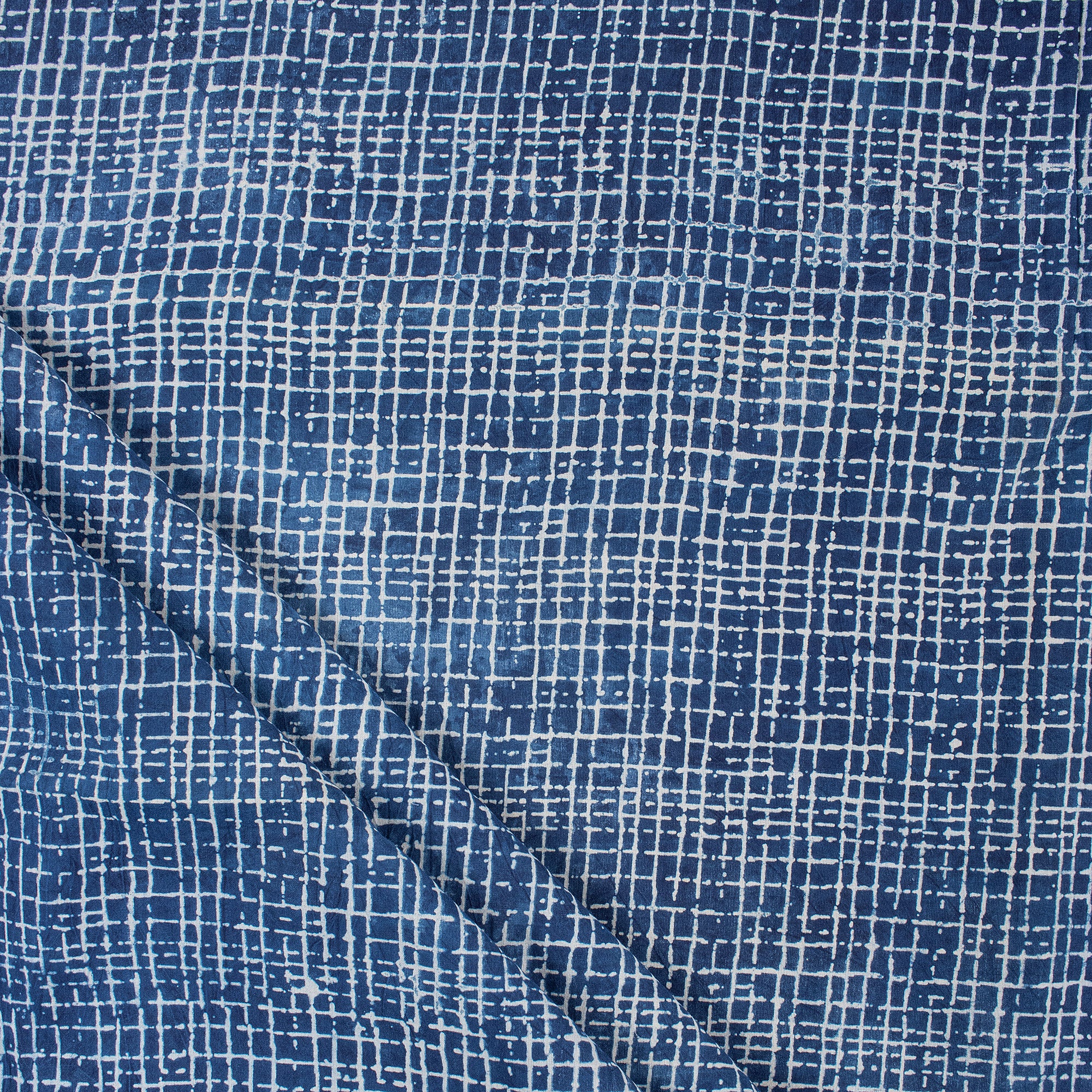 Indian Indigo Blue Handmade Block Printed Checks Running Fabric Cloth