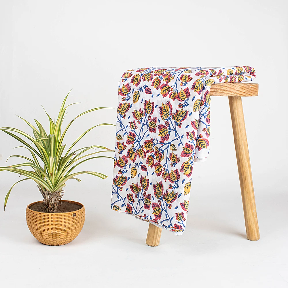 Indian Leaf Hand Block Printed Pure Cotton Dress Fabric Cloth - Image 2