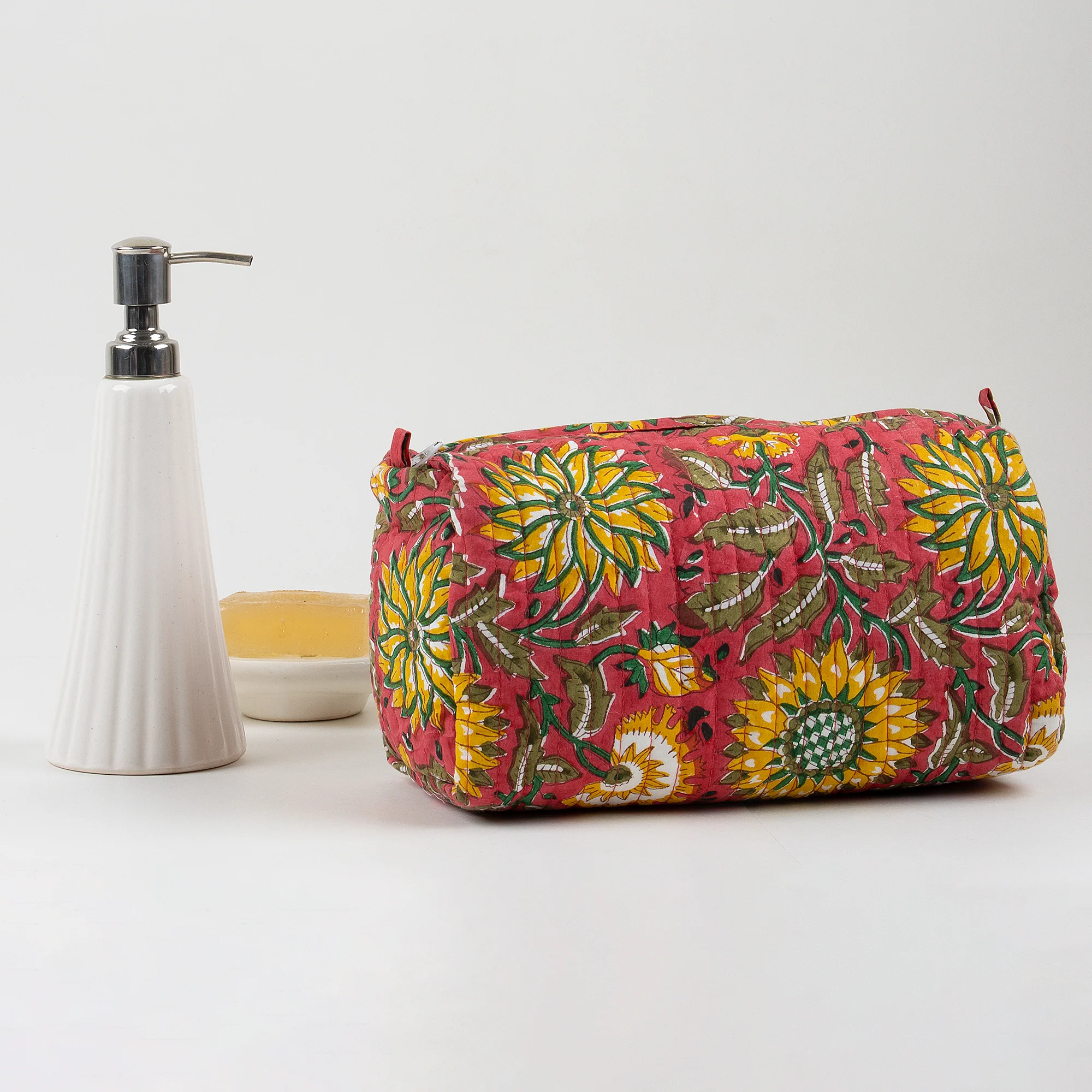 Indian Hand Printed Set of 3 Floral Cotton Toiletry Bag for Travel - Image 2