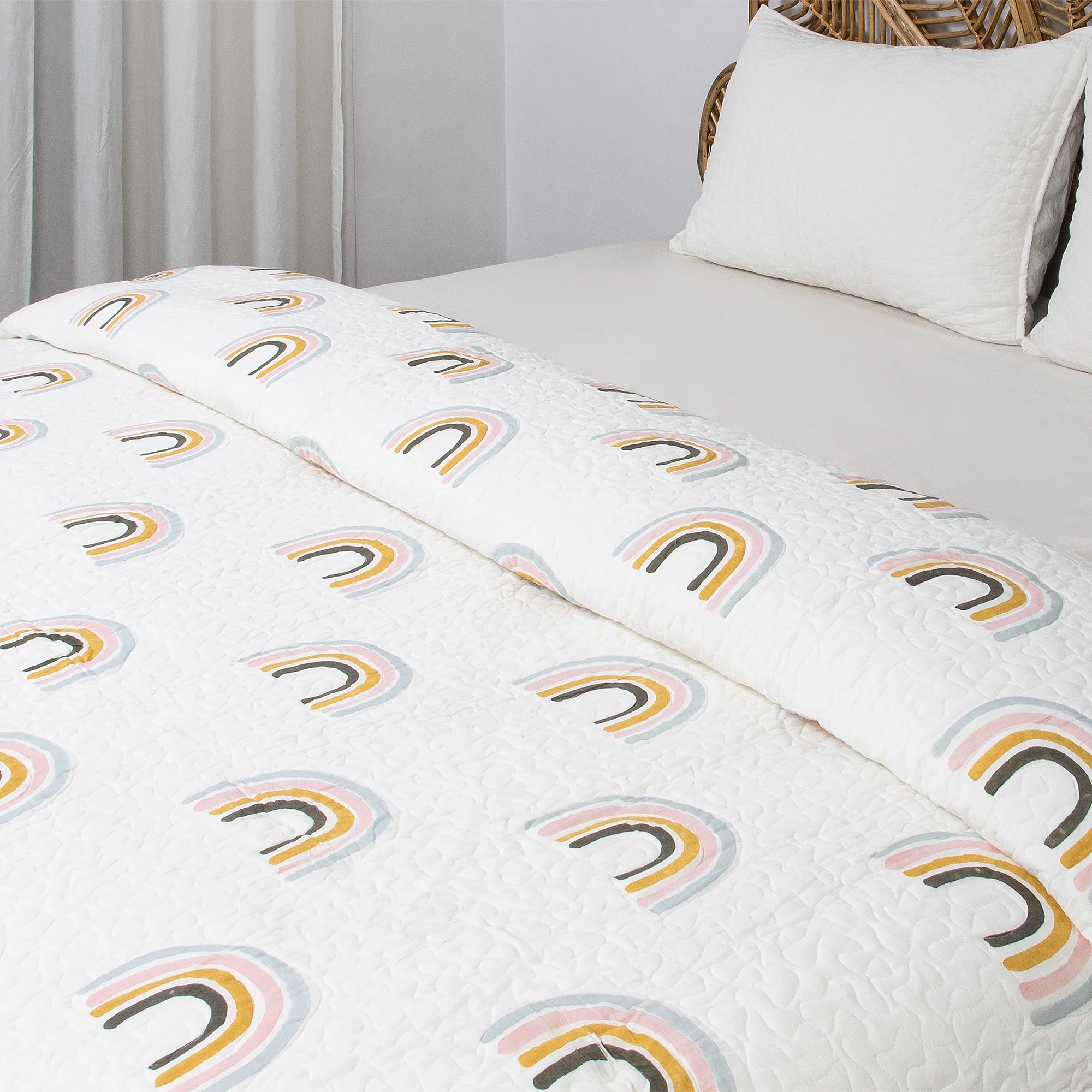 Home Decor Rainbow Block Printed Pure Cotton Machine Blanket - Image 3