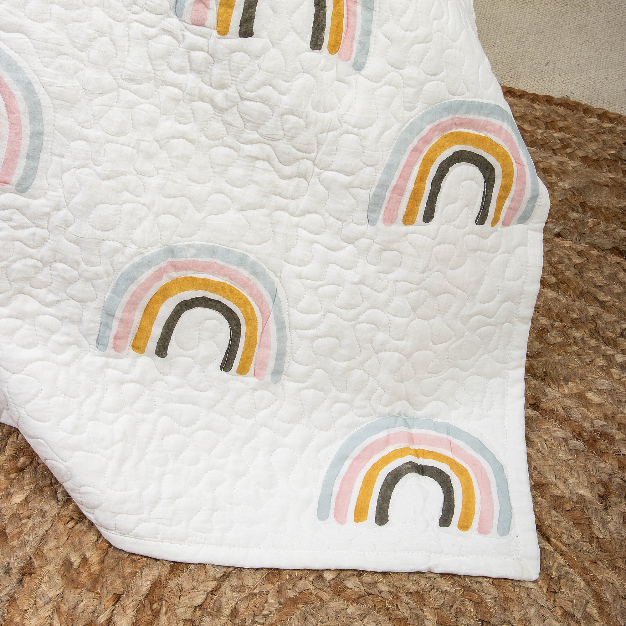 Home Decor Rainbow Block Printed Pure Cotton Machine Blanket - Image 5