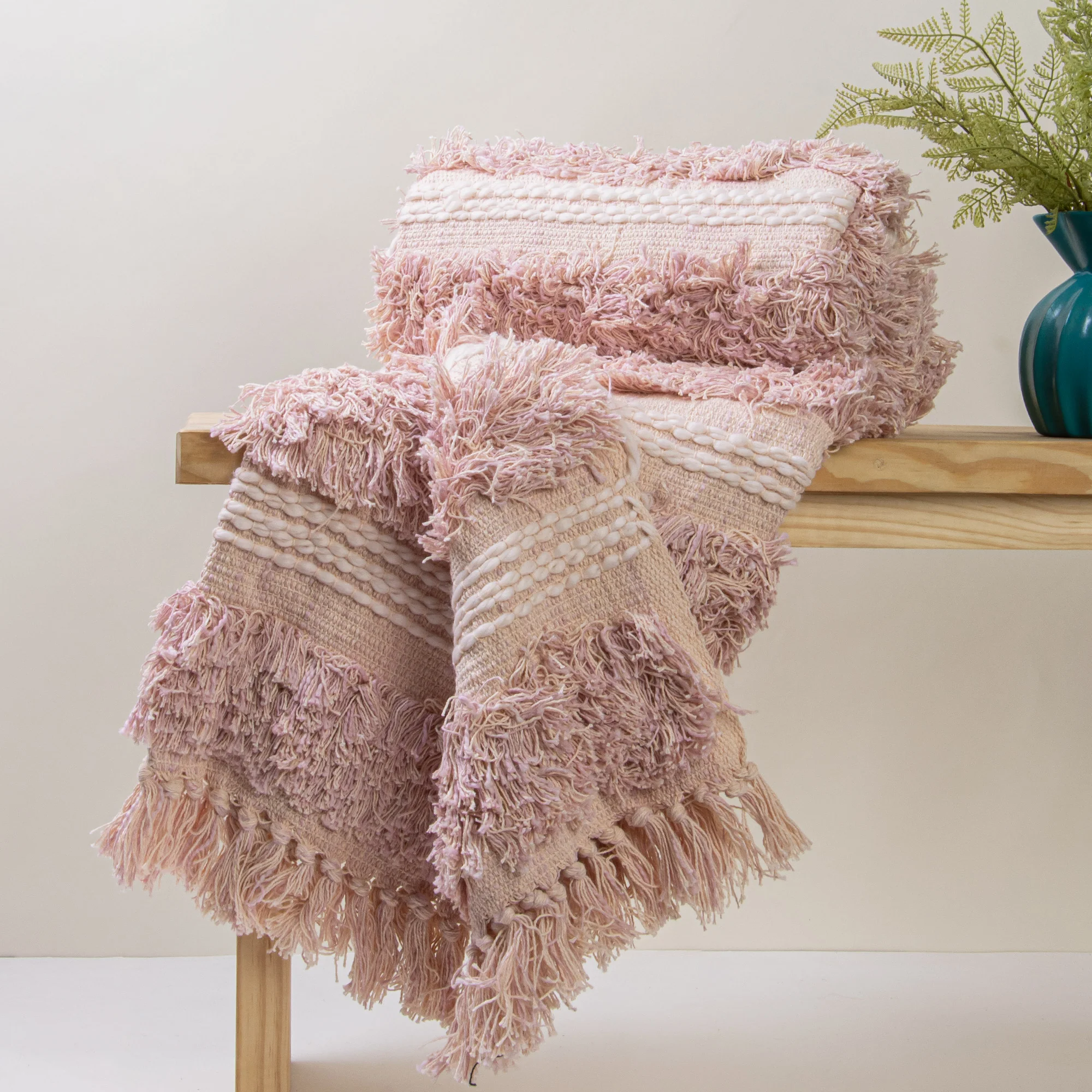 Organic Handcrafted Pink Pure Cotton Tufted Throw Blanket for Sofa - Image 5