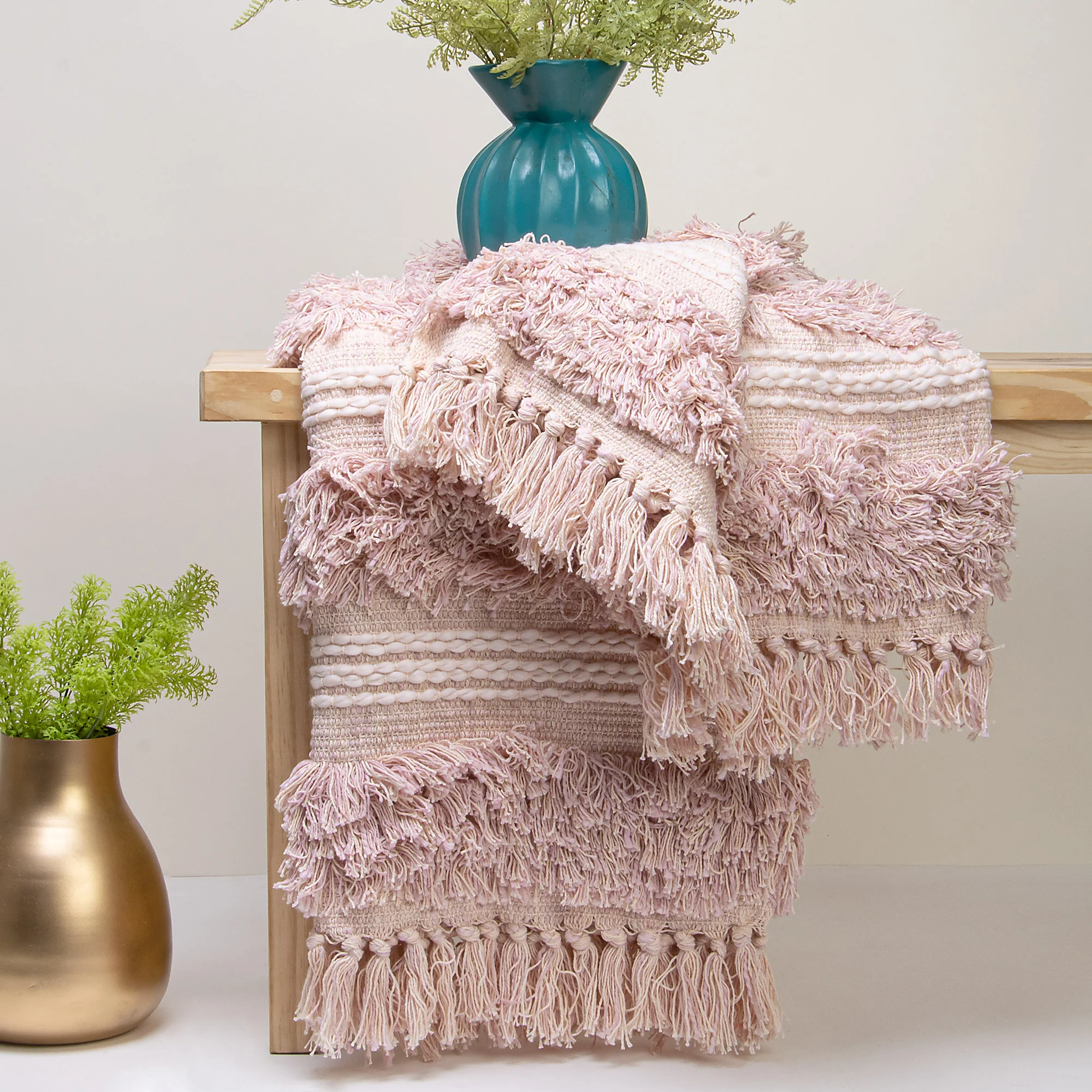 Organic Handcrafted Pink Pure Cotton Tufted Throw Blanket for Sofa - Image 6