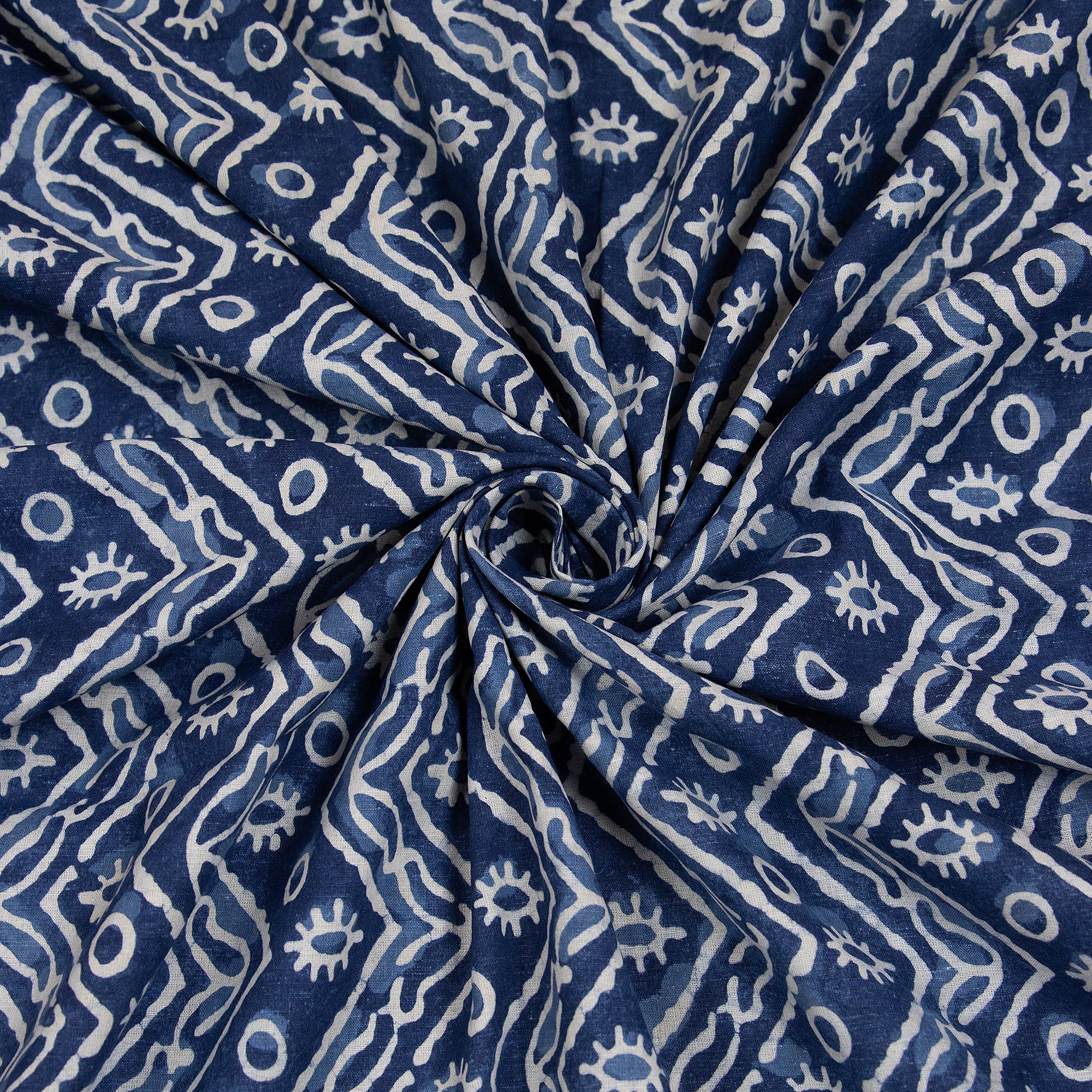 Mud Blocked Handcrafted Pure Cotton Indigo Blue Printed Running Fabrics - Image 5