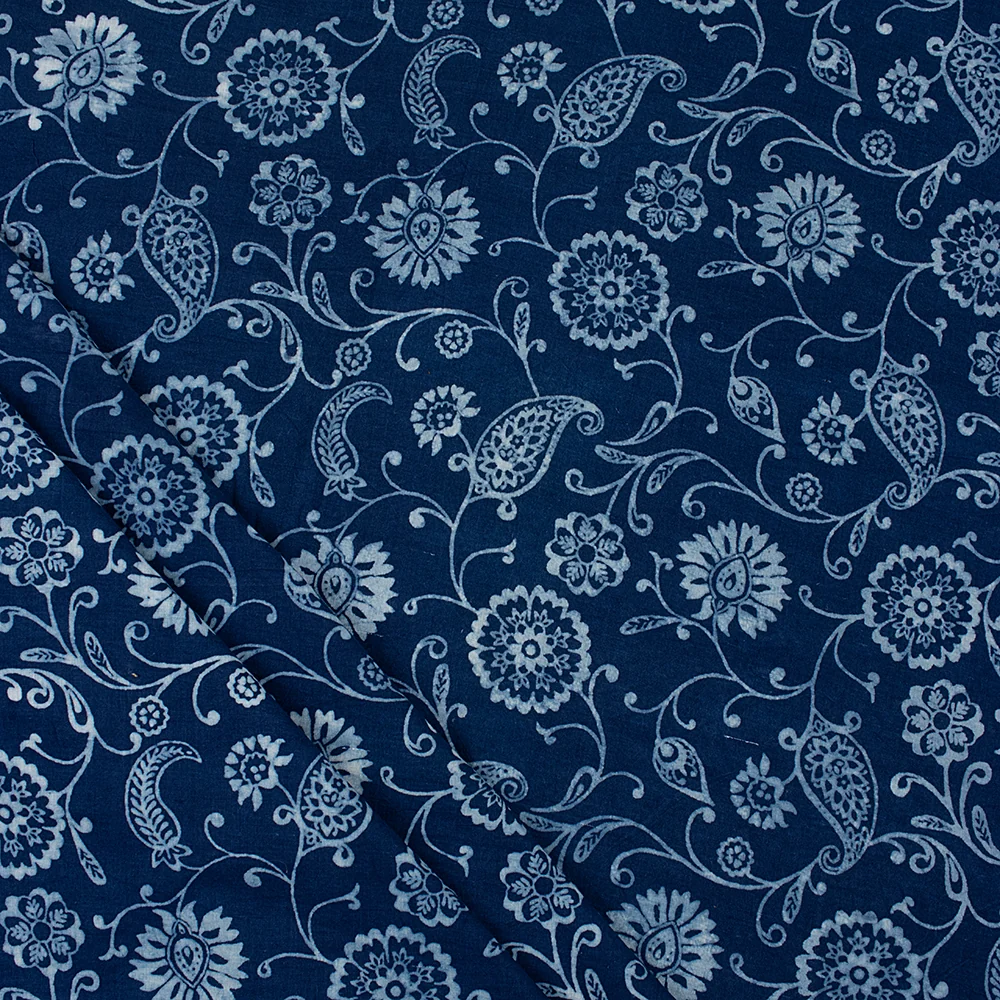 Indigo Blue Hand Printed Floral Cotton Multi Used Sewing Fabric - Image 2