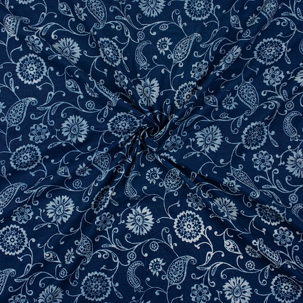 Indigo Blue Hand Printed Floral Cotton Multi Used Sewing Fabric - Image 3
