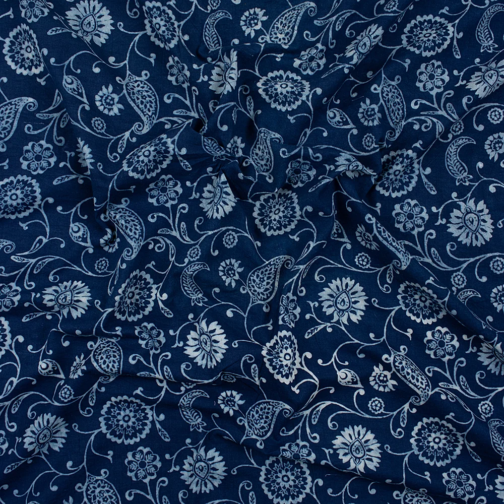 Indigo Blue Hand Printed Floral Cotton Multi Used Sewing Fabric - Image 4
