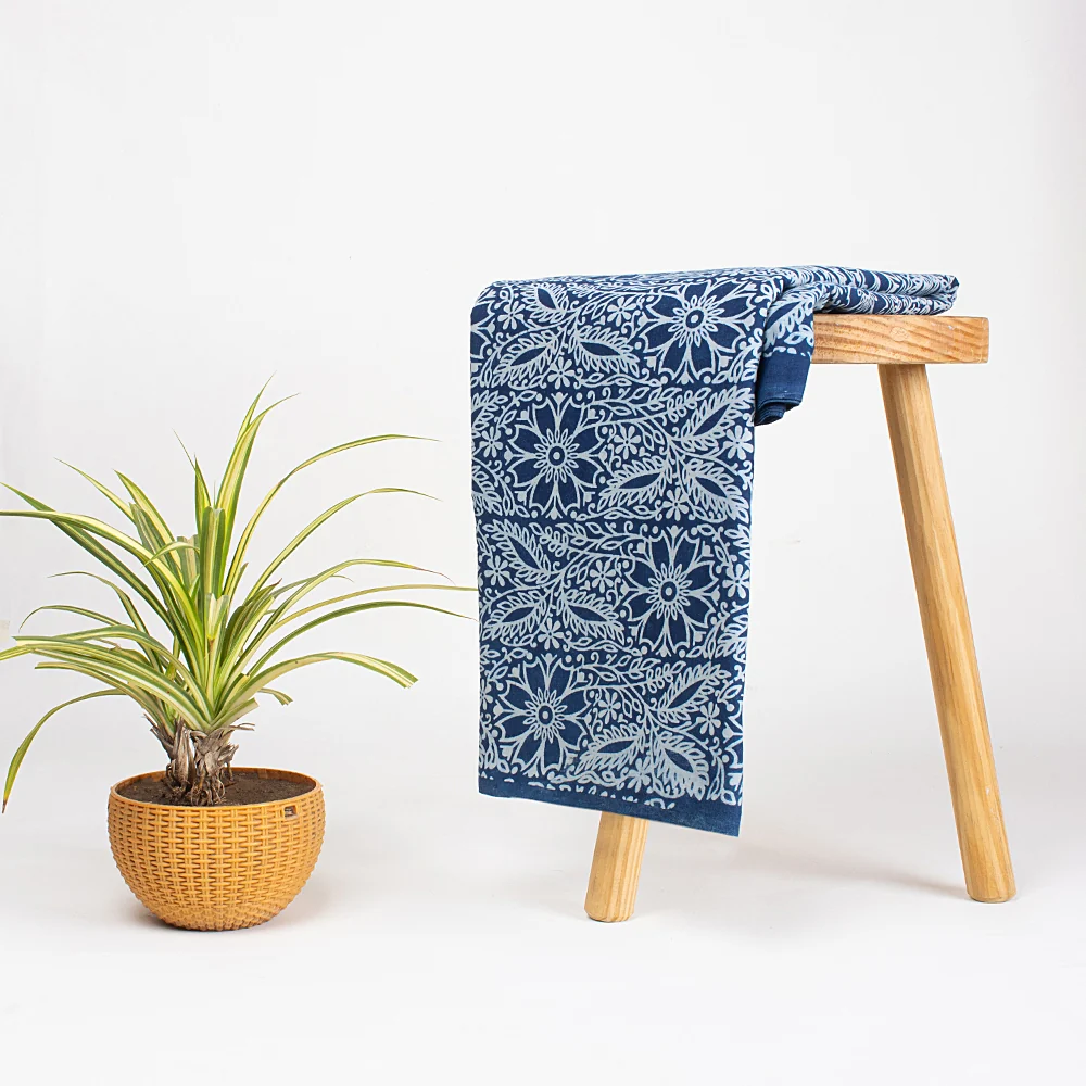 Indigo Blue Hand Printed Floral Cotton Multi Used Sewing Fabric - Image 5