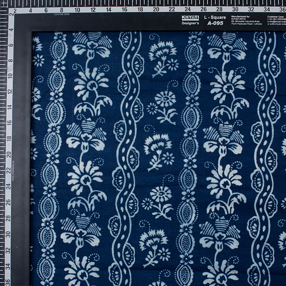 Handcrafted Pure Cotton Indigo Blue Floral Print Running Fabric for Clothing