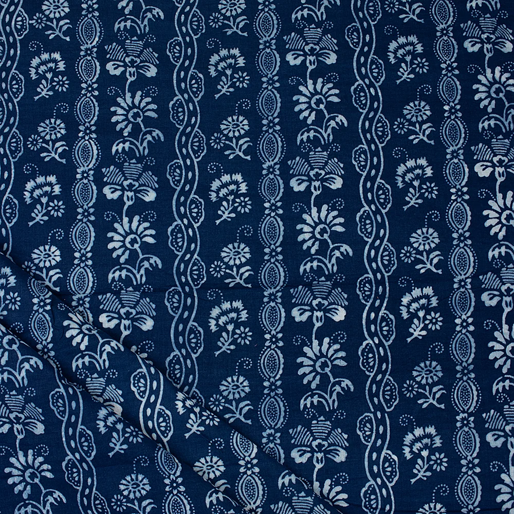 Handcrafted Pure Cotton Indigo Blue Floral Print Running Fabric for Clothing - Image 2