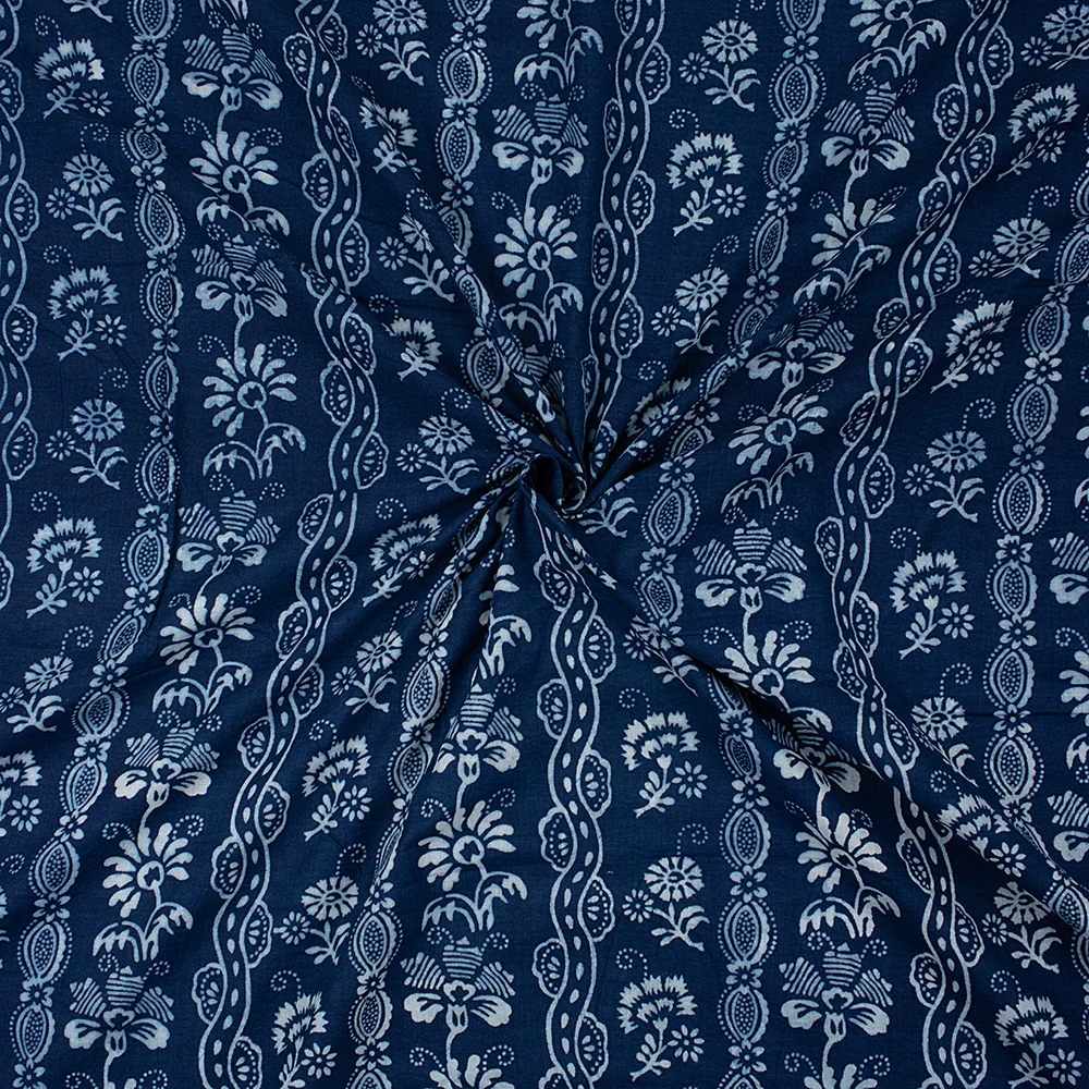 Handcrafted Pure Cotton Indigo Blue Floral Print Running Fabric for Clothing - Image 3