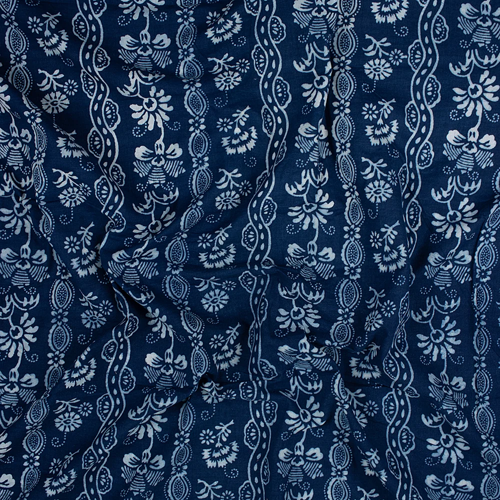 Handcrafted Pure Cotton Indigo Blue Floral Print Running Fabric for Clothing - Image 4