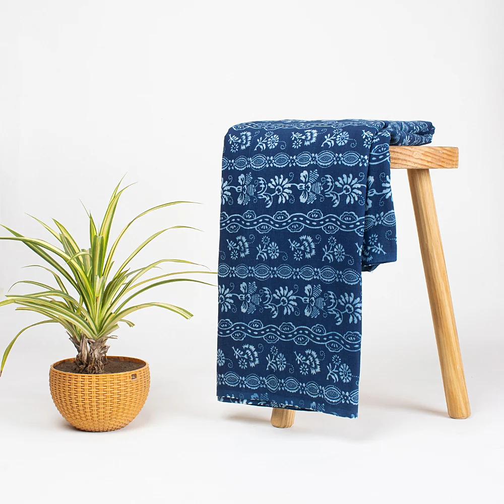 Handcrafted Pure Cotton Indigo Blue Floral Print Running Fabric for Clothing - Image 5