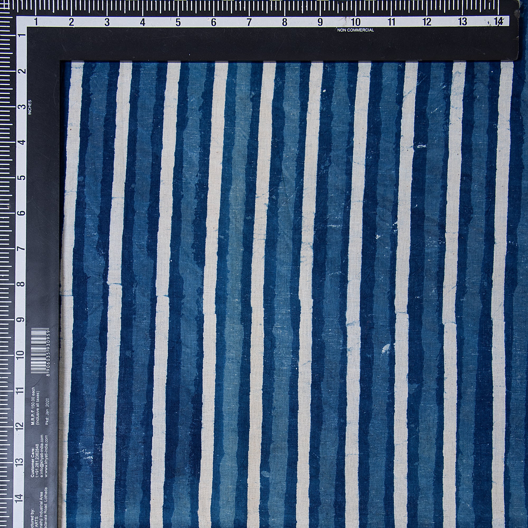 Indigo Blue Striped Hand Printed Soft Cotton Summer Dress Material Fabric