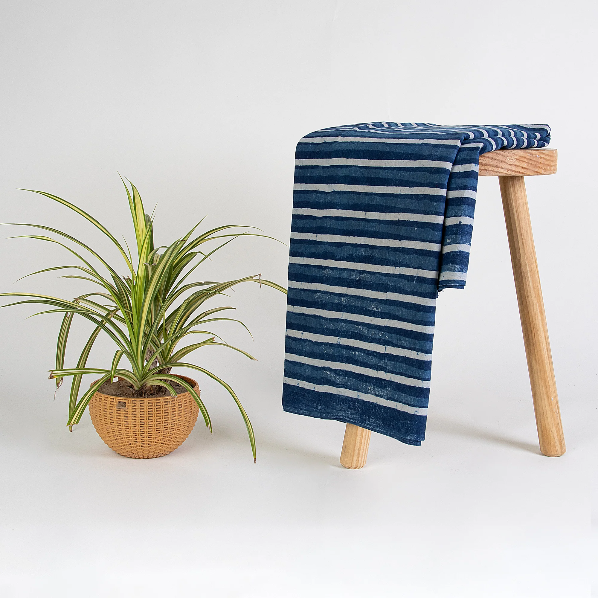 Indigo Blue Striped Hand Printed Soft Cotton Summer Dress Material Fabric - Image 5