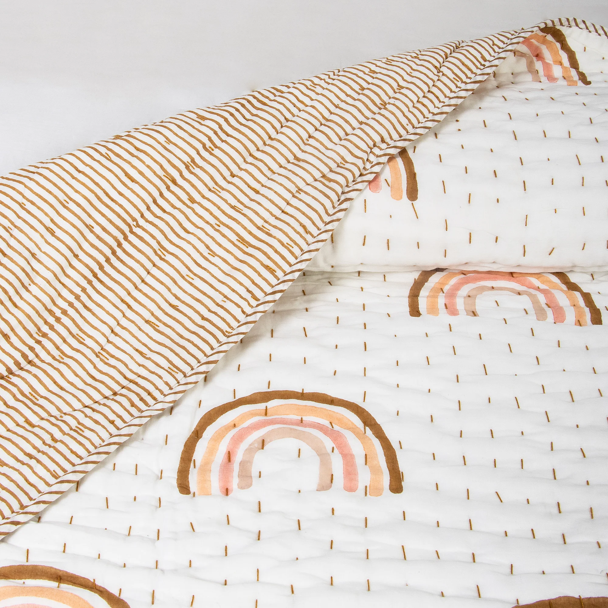 Rainbow Hand Block Printed Reversible Cotton Kantha Quilt - Image 8