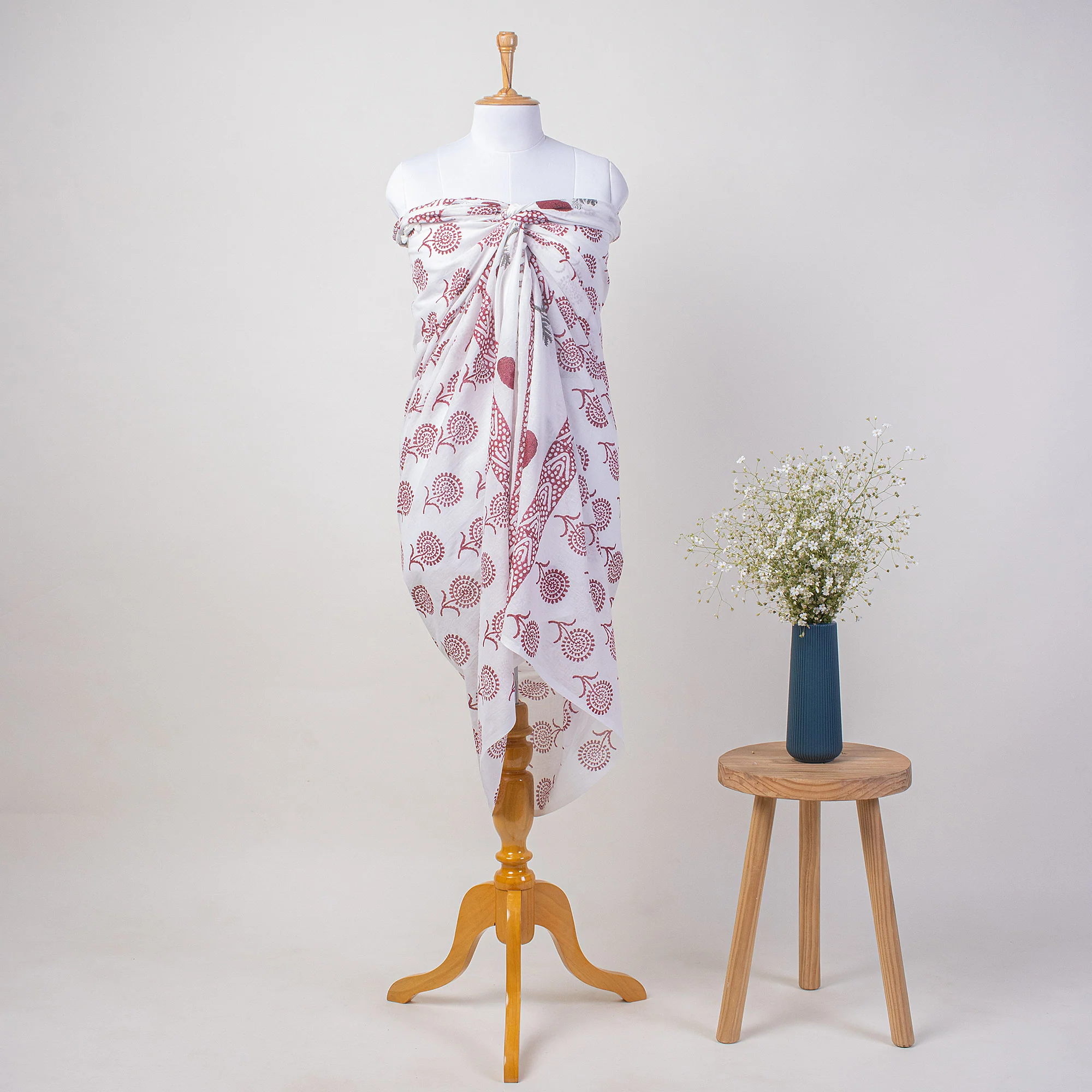 Floral Hand Block Print Fabric Beach Sarong Wrap For Women