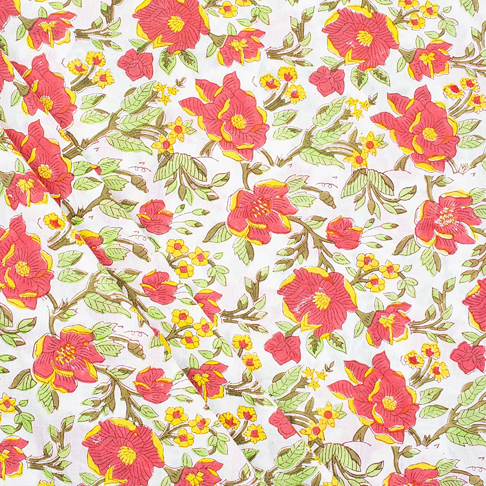 Floral Hand Blocked Natural Cotton Printed Indian Fabric for Dress