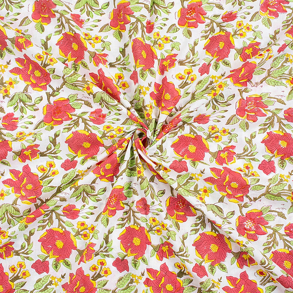 Floral Hand Blocked Natural Cotton Printed Indian Fabric for Dress - Image 5