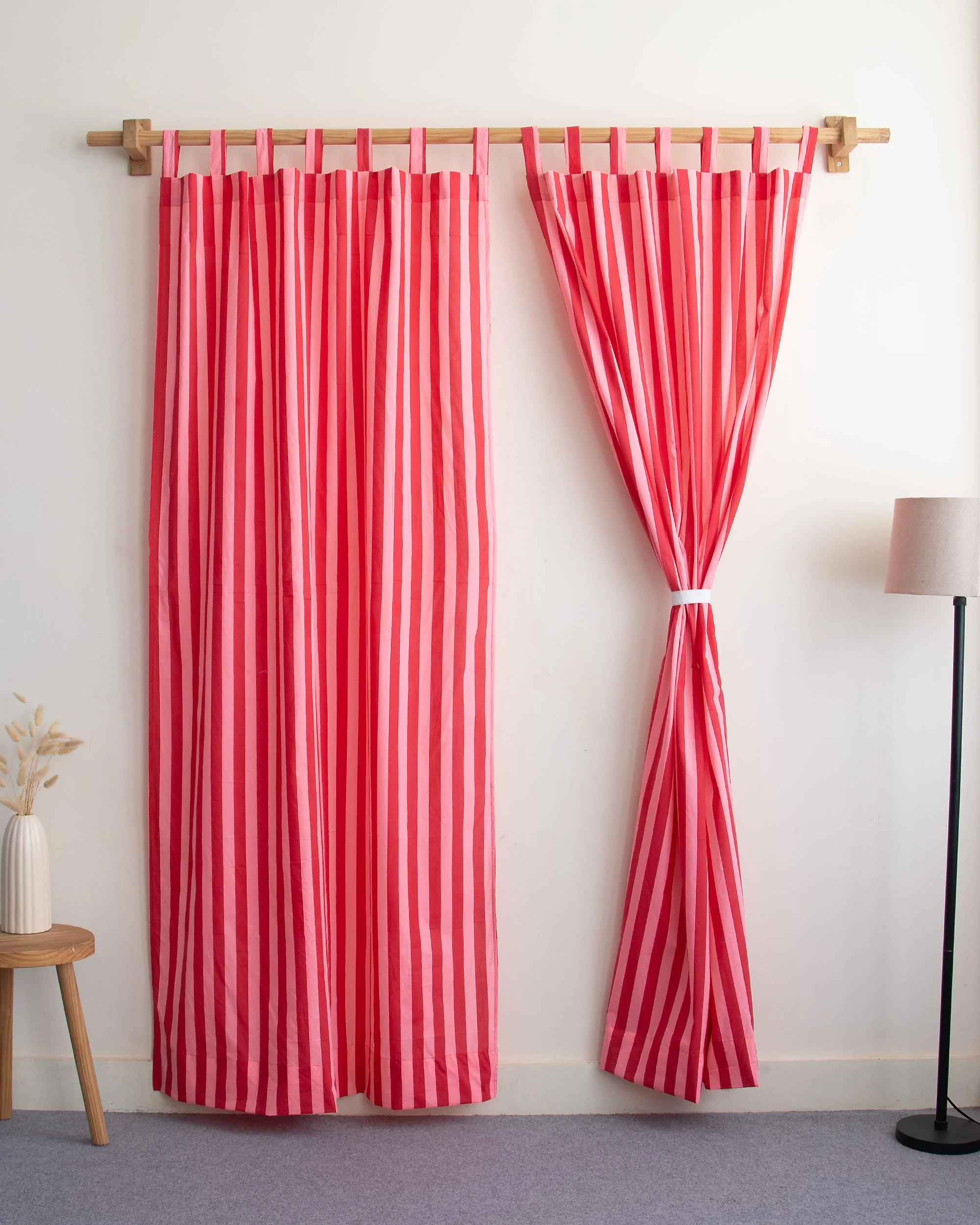 Red Striped Block Printed Cotton Curtains - Image 3