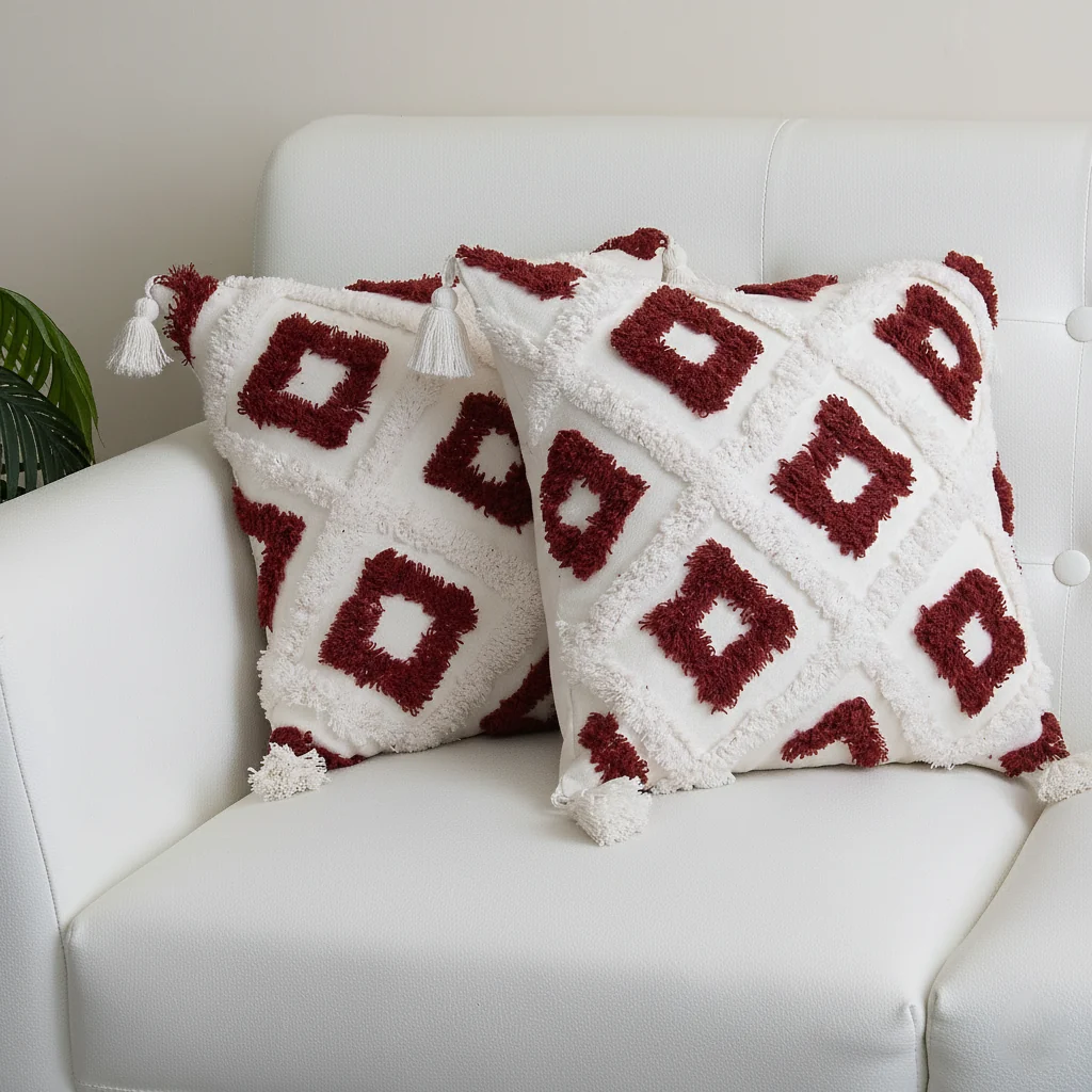 Red & White Boho Tufted Cushion Cover Set of 2 - Image 5