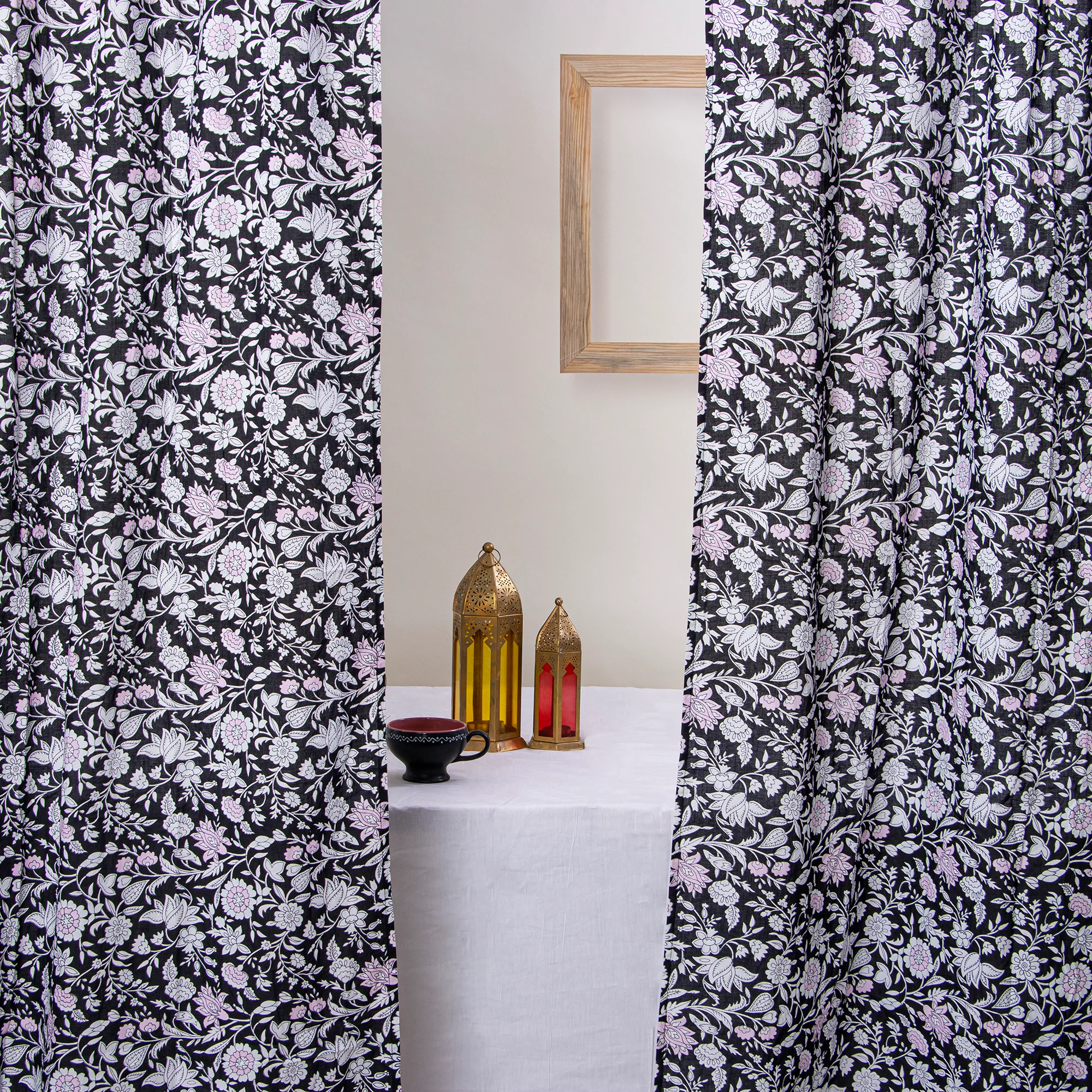 Set of 2 Indian Hand Block Print Floral Curtains - Image 3