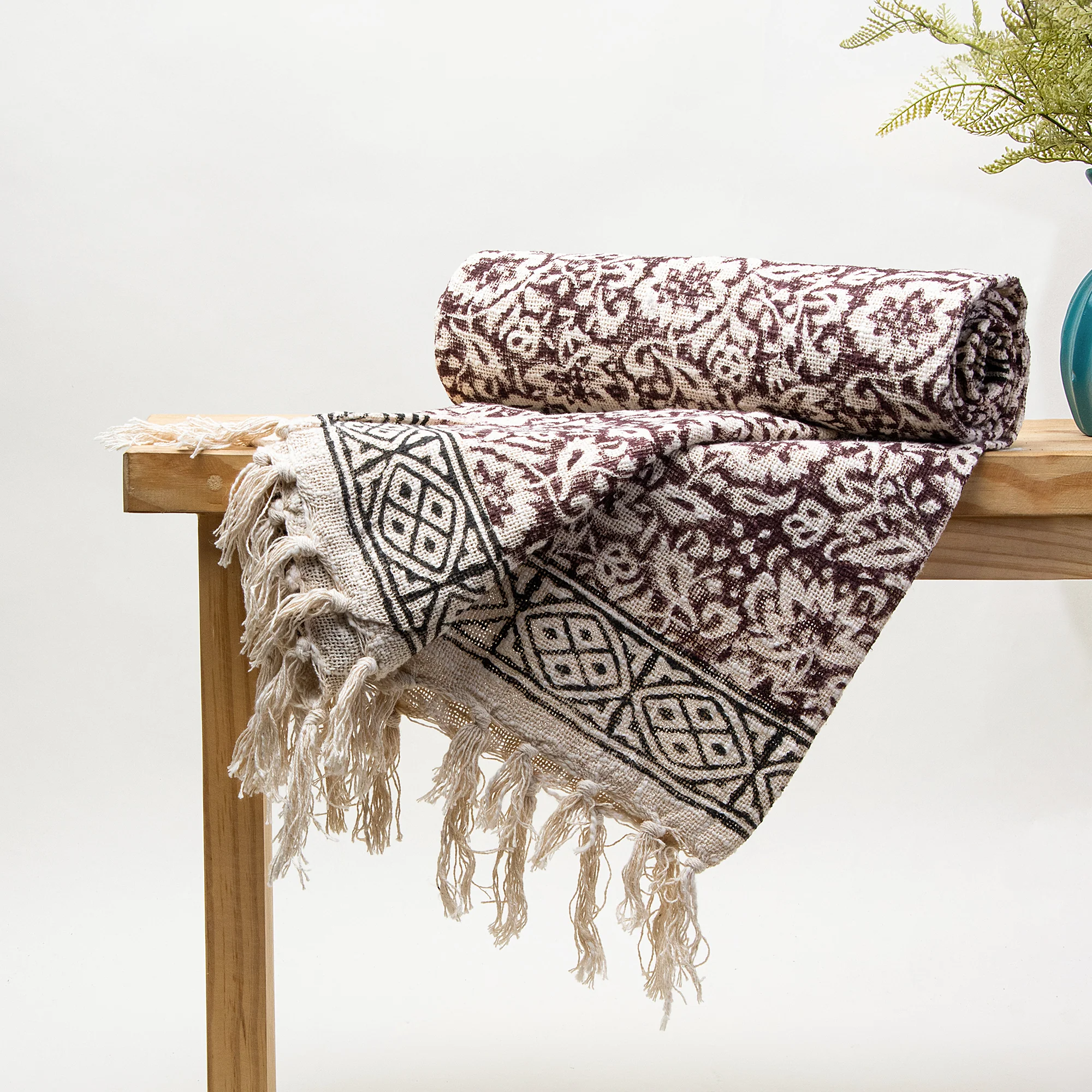 Light Weight Hand Block Printed Brown Floral Couch Throw Blankets - Image 2