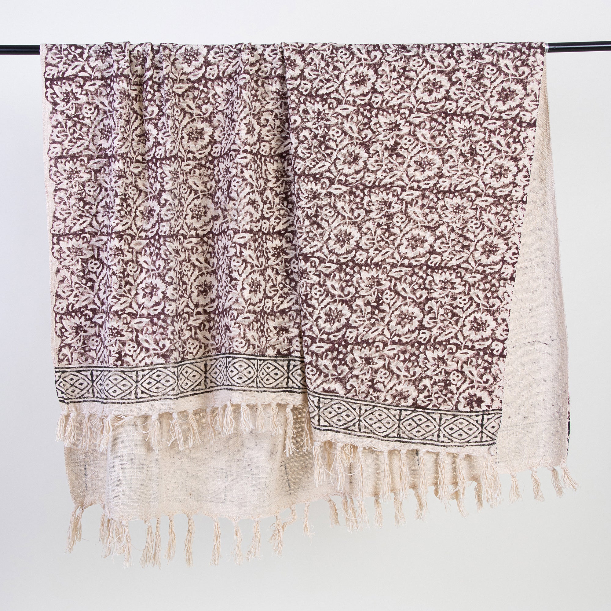 Light Weight Hand Block Printed Brown Floral Couch Throw Blankets - Image 4