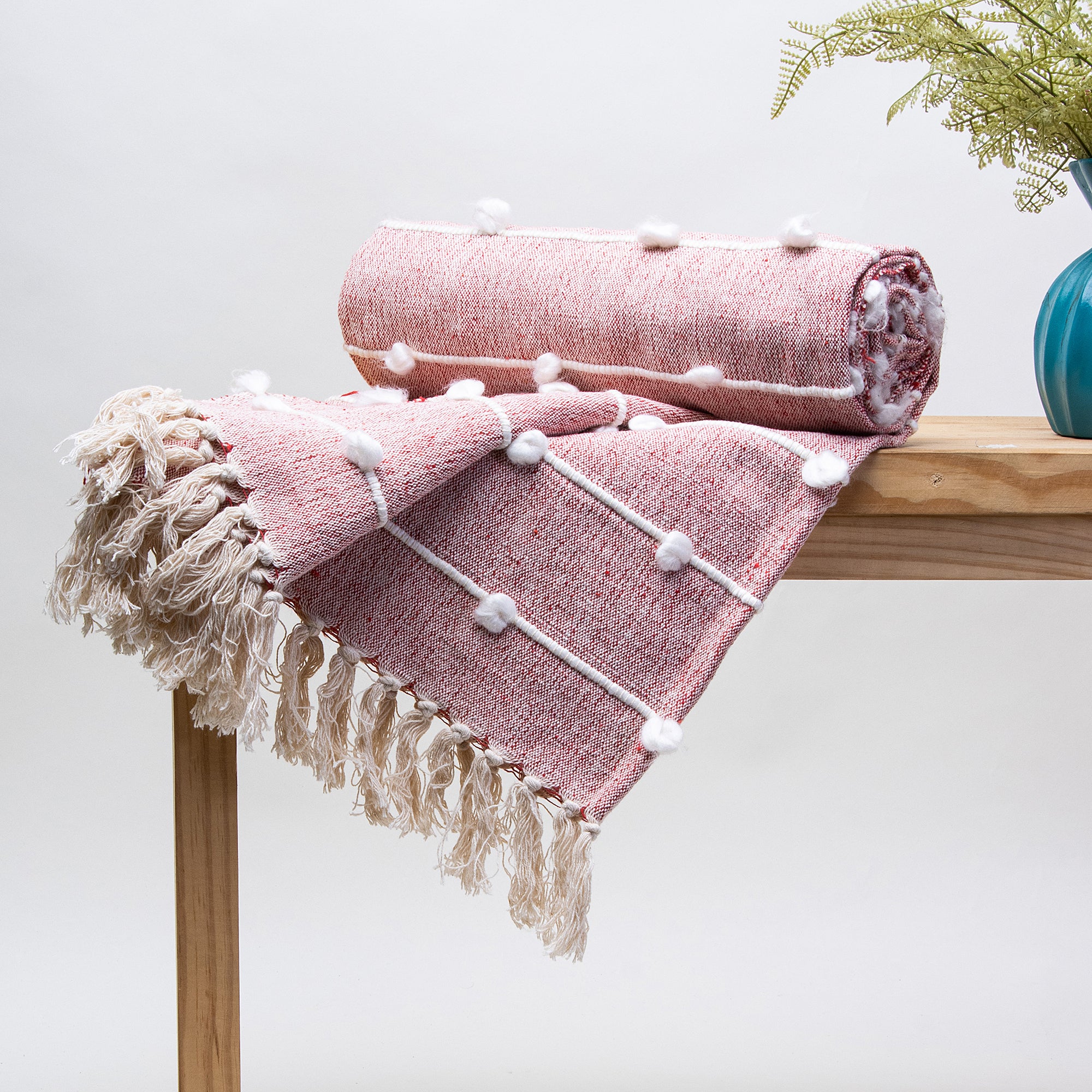 Luxury Pink Pure Cotton Hand Woven Throw Blanket - Image 2