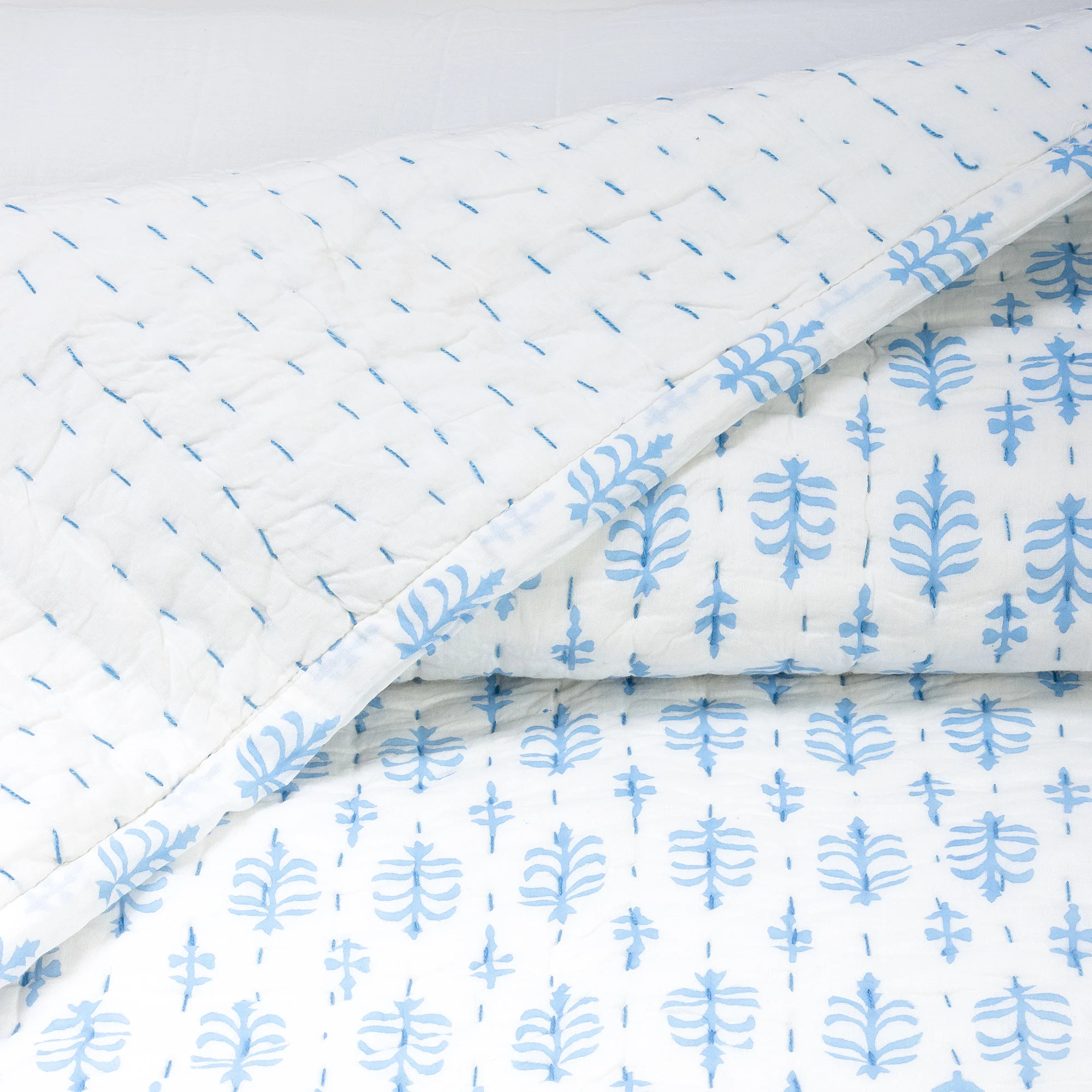 Teal Blue Buti Hand Stitched Block Printed Indian Cotton Kantha Quilts - Image 3