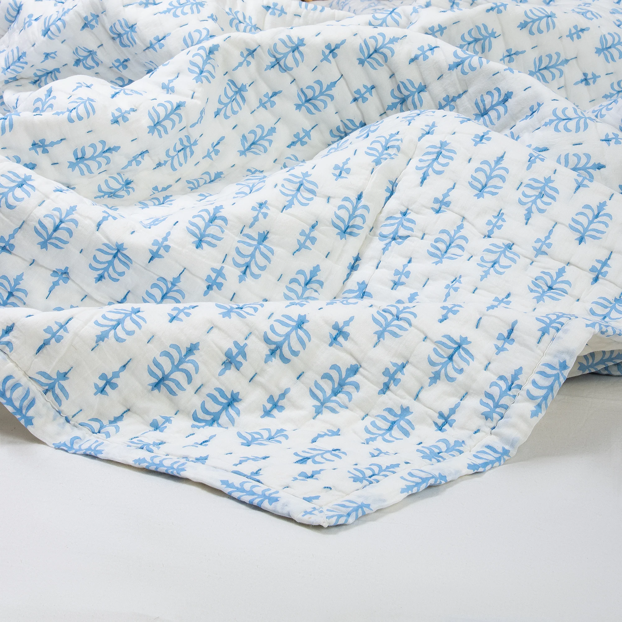 Teal Blue Buti Hand Stitched Block Printed Indian Cotton Kantha Quilts - Image 4