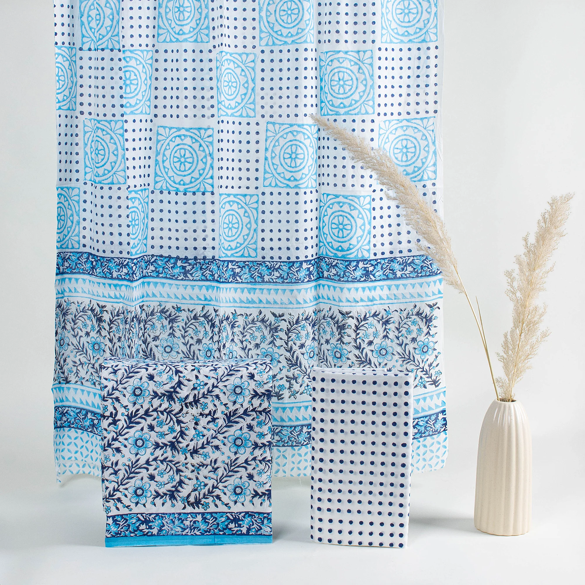 Sky Blue Floral Unstitched Suit Set Women Dress Cotton Dupatta