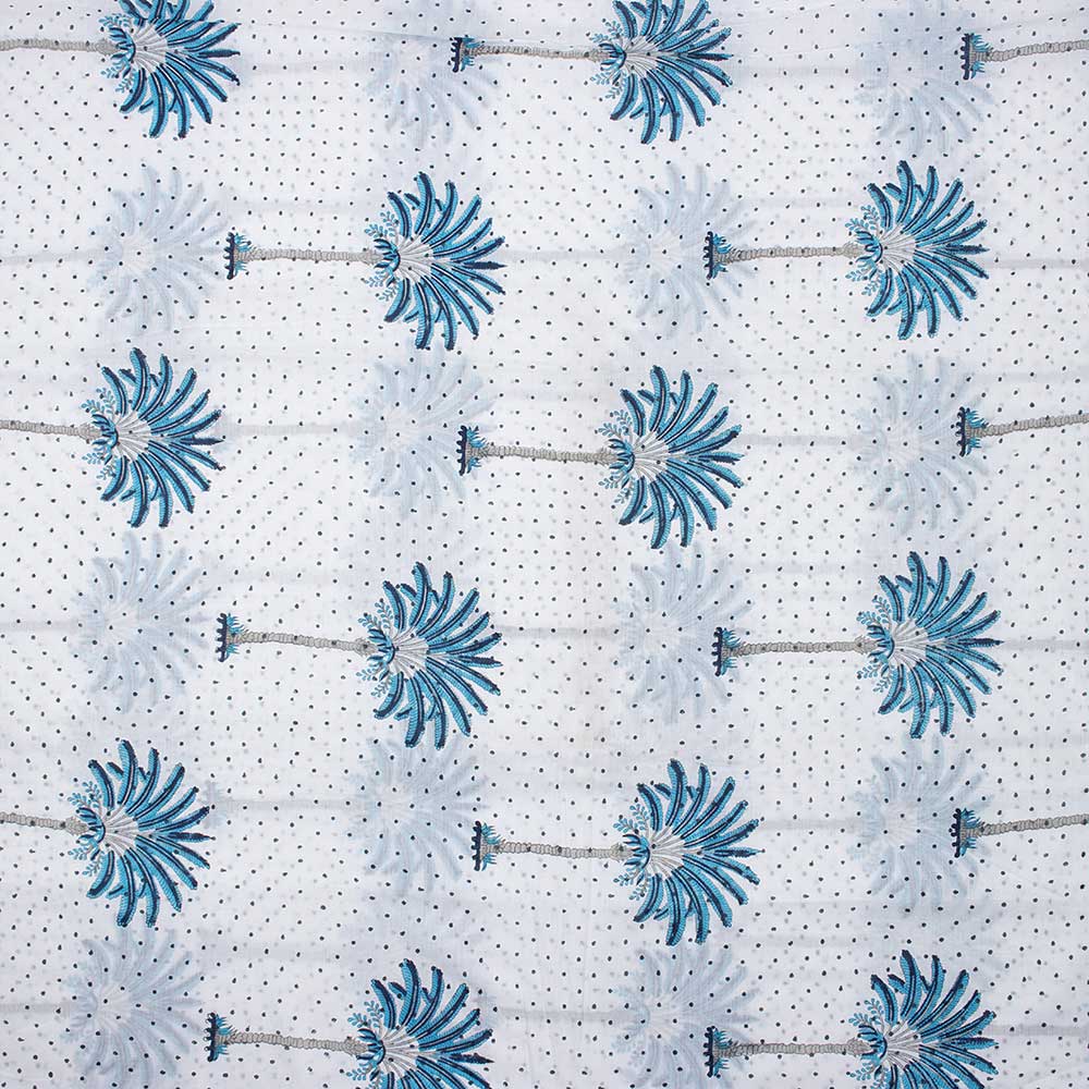 Sky Blue Palm Tree Hand Block Printed Cotton Fabric - Image 2