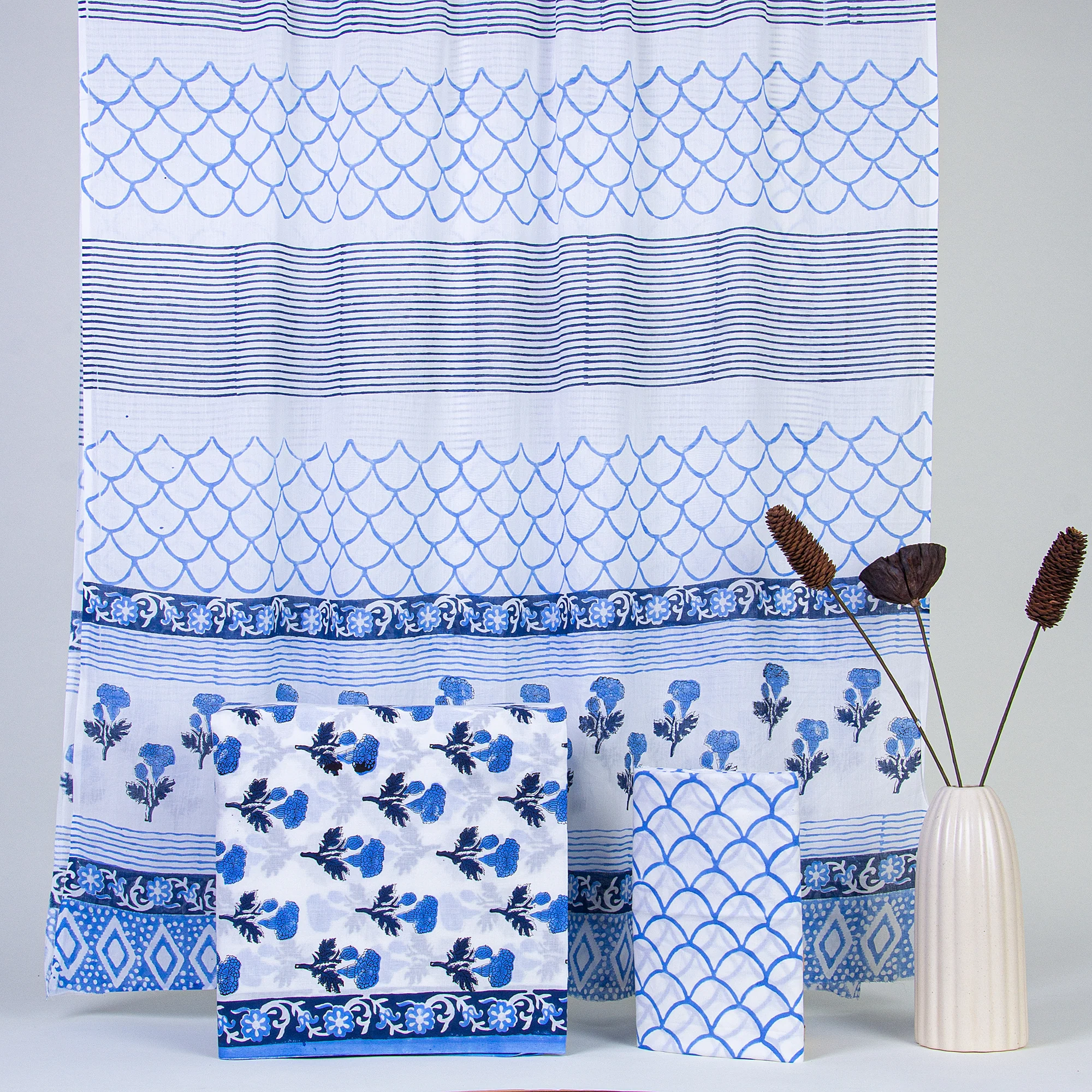 Sky Blue Floral Pattern Woman 3PC Suit Set Cotton Dupatta
