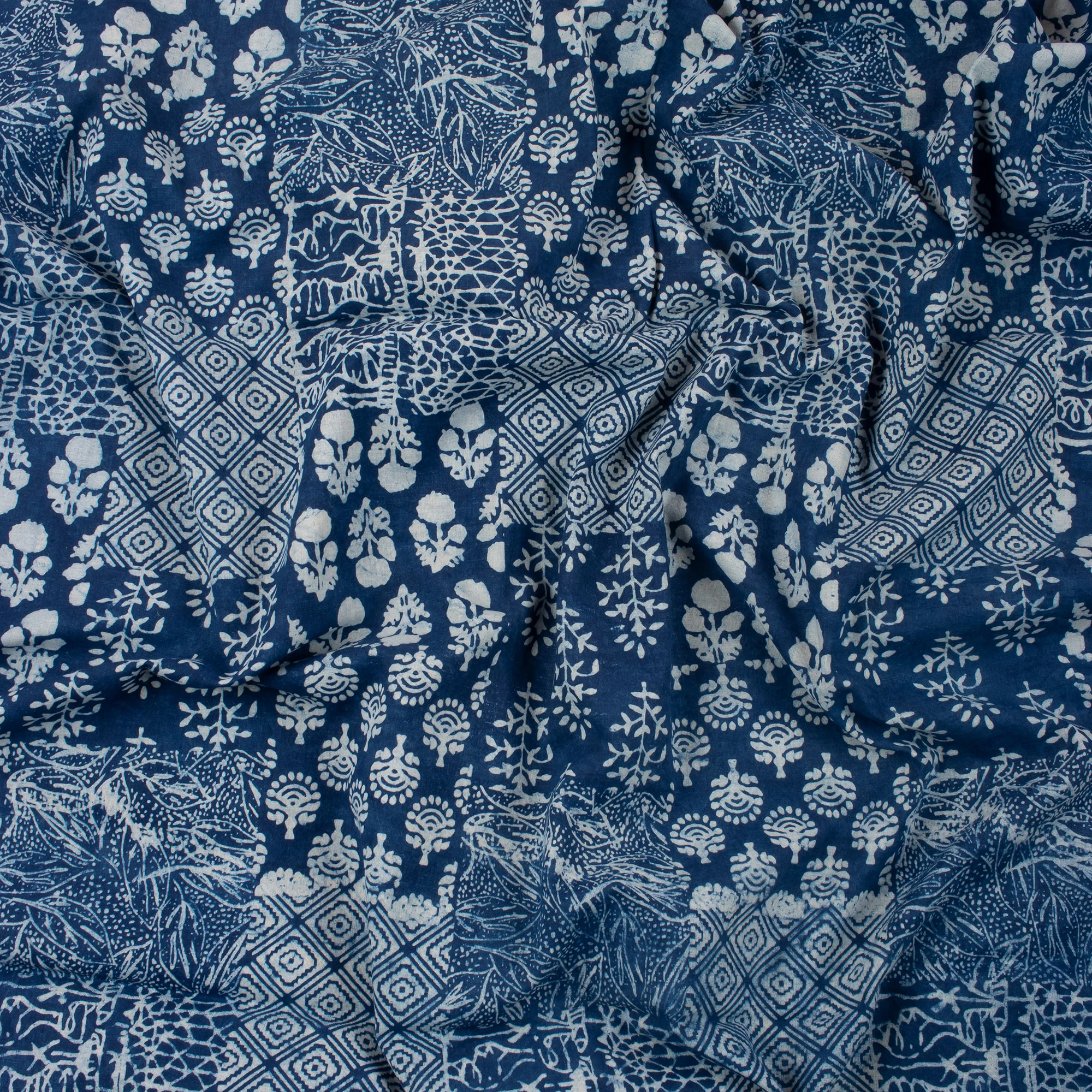 Sustainable Indigo Blue Patchwork Hand Printed Soft Cotton Fabric Cloth - Image 4