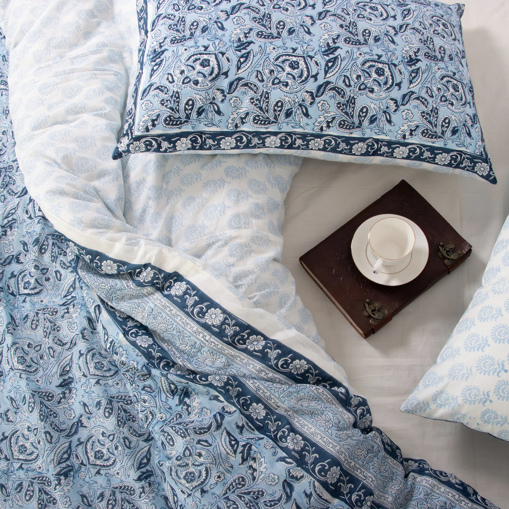 Floral Indian Block Printed Cotton Duvet Cover - White / Blue - Image 3