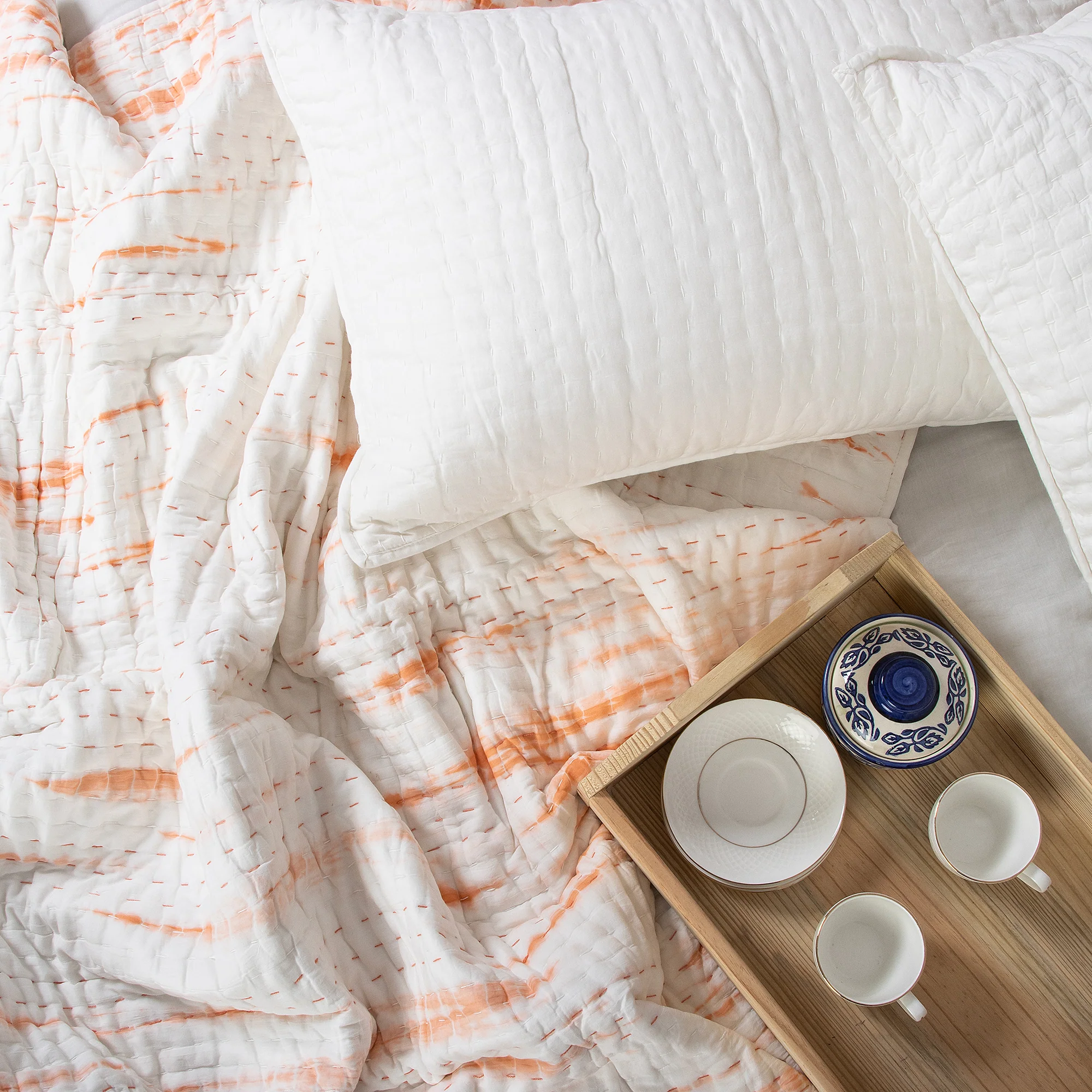 Soft Orange Tie Dye Kantha Cotton Quilt Blanket - Image 3