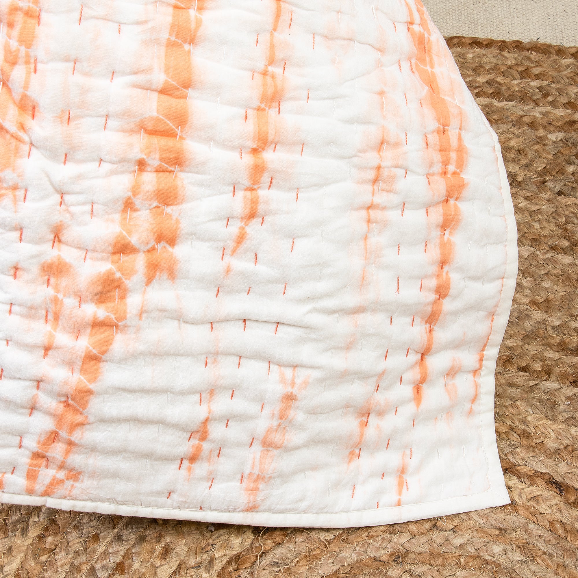 Soft Orange Tie Dye Kantha Cotton Quilt Blanket - Image 4