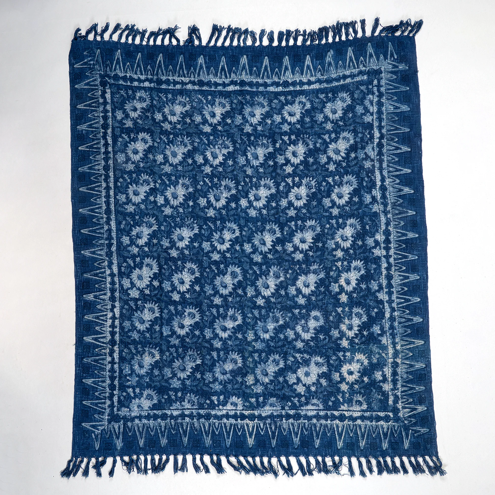 Decorative Blue Floral Hand Block Printed Cotton Throw Blanket - Image 3