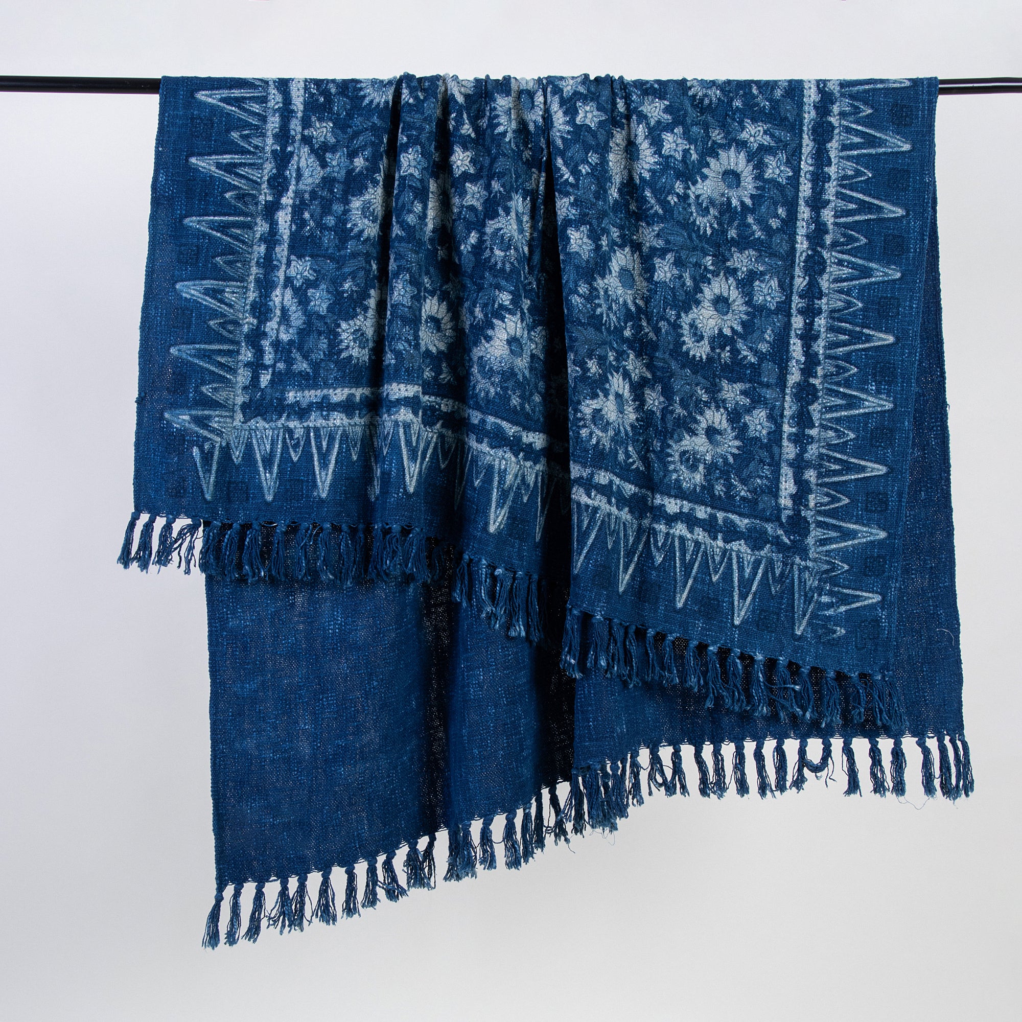Decorative Blue Floral Hand Block Printed Cotton Throw Blanket - Image 5