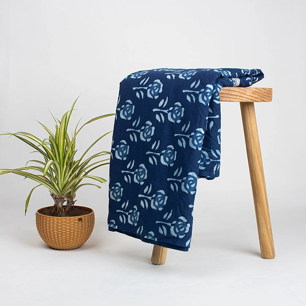 Exclusive Indigo Blue Hand Printed Floral Cotton Voile Fabric for Napkin - Image 5