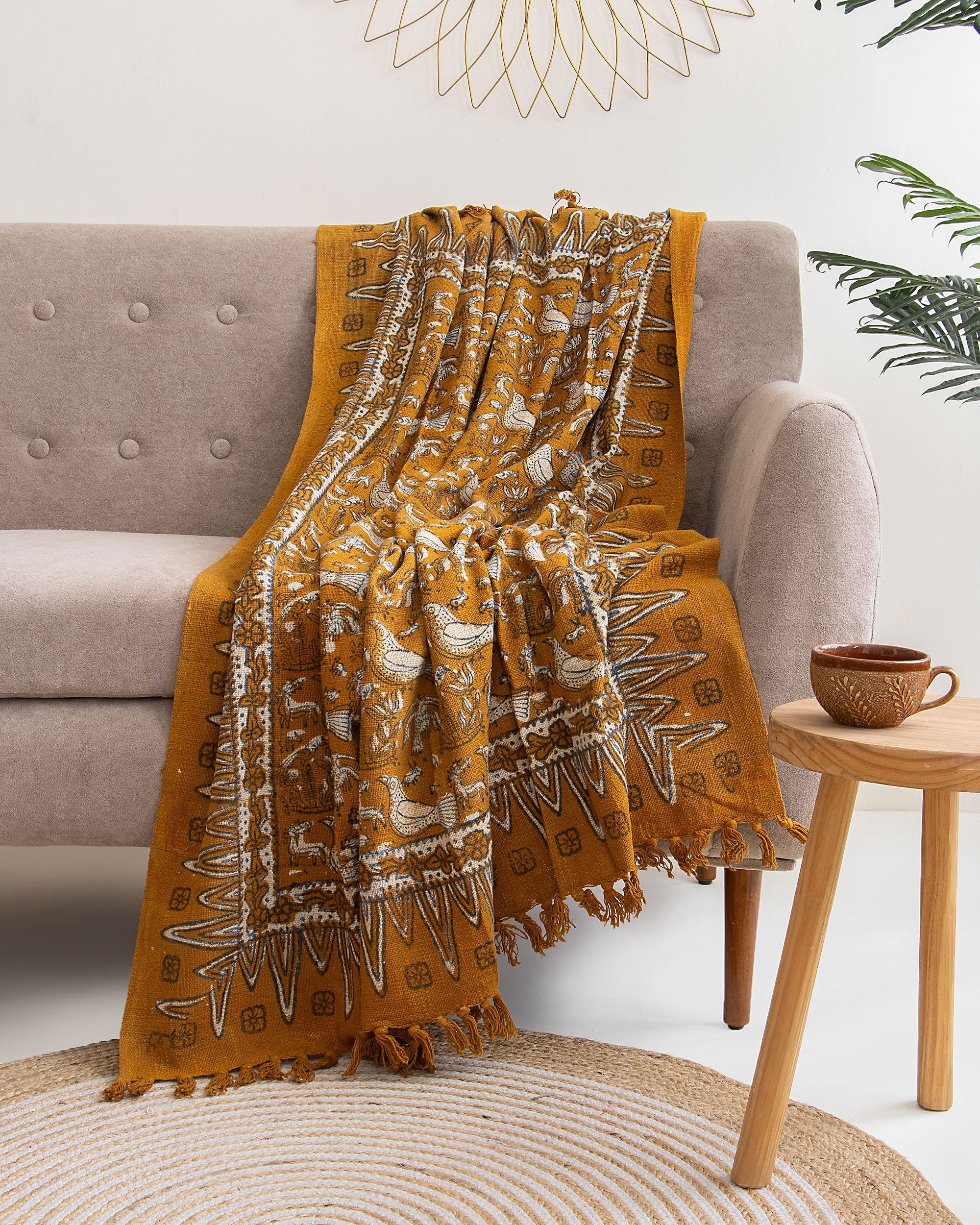 Mustard Yellow Bird Print Indian Hand Blocked Cotton Throw Blankets for Farmhouse